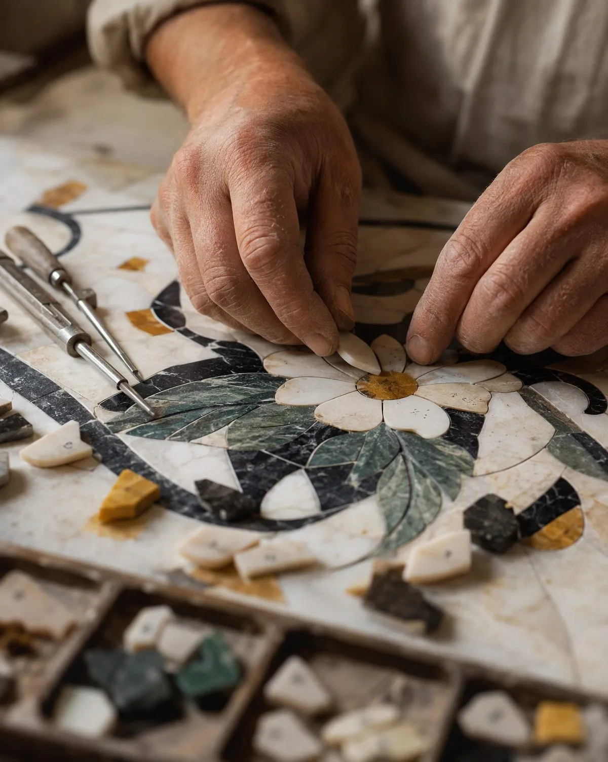 Hand-fitting marble pieces at the bench in the Art Inlay atelier, Jiangmen