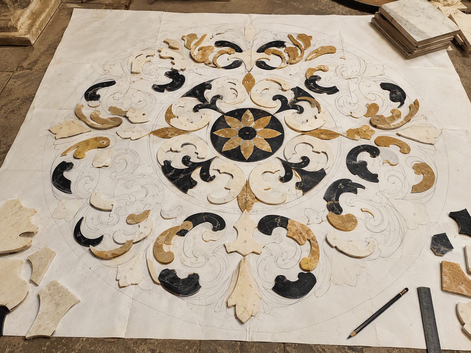 Full-size cartoon and cut plan spread across the atelier floor