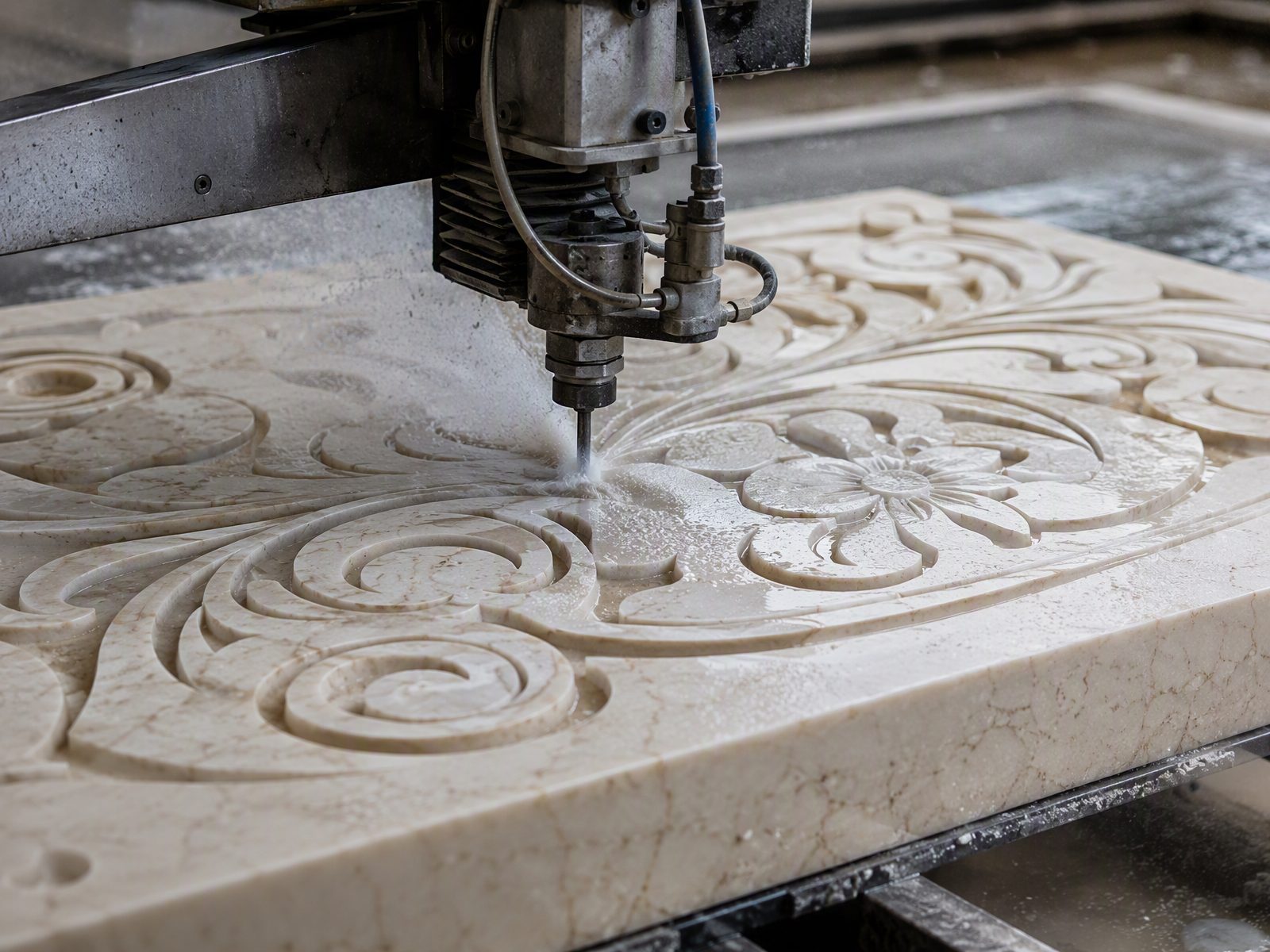 Waterjet cutting an inlay pattern into a marble slab