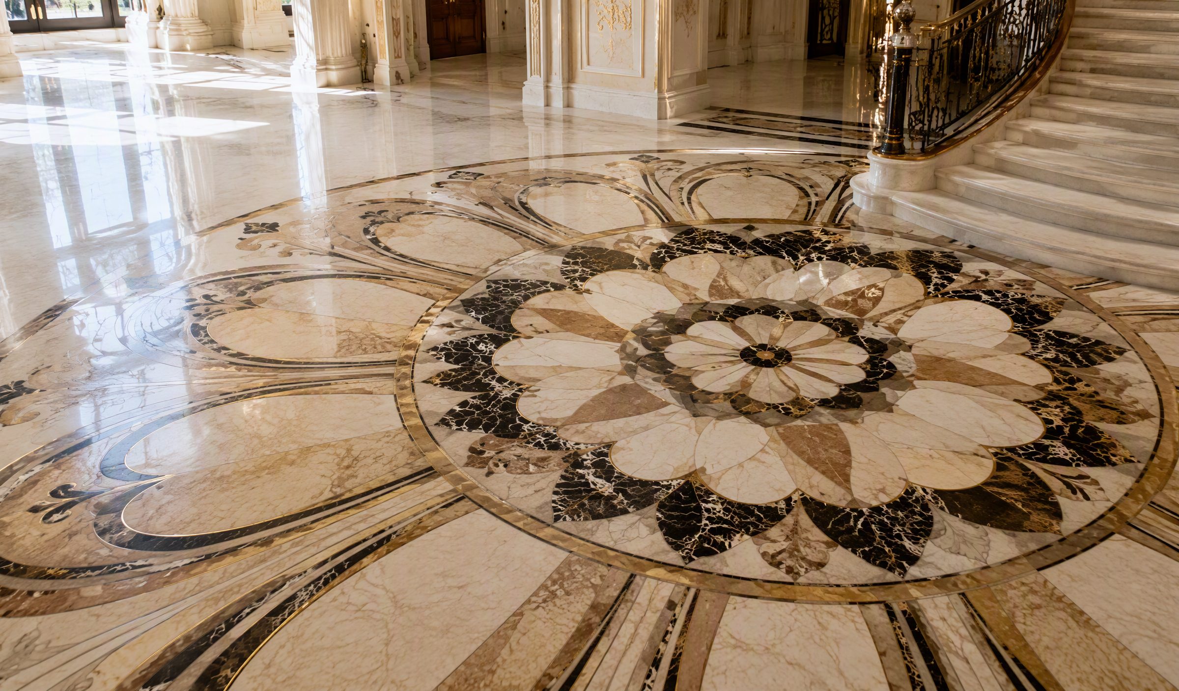 Radial marble inlay medallion floor in a palatial foyer, by Art Inlay