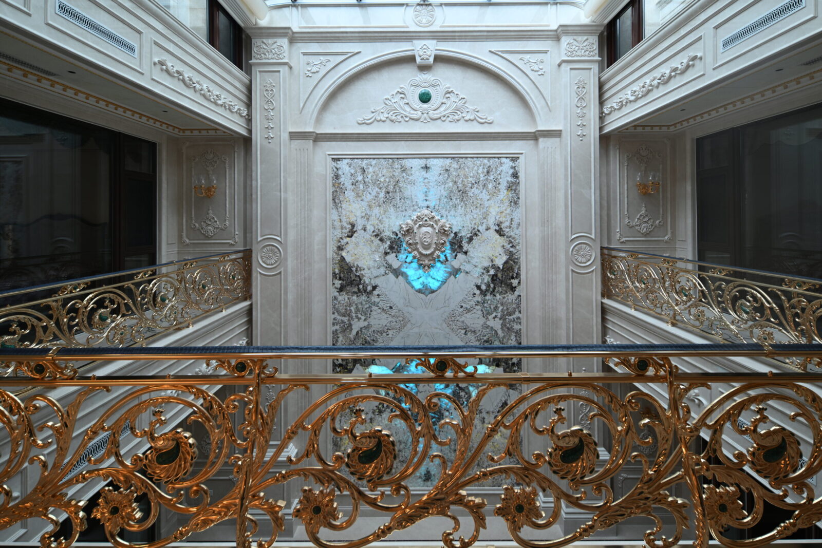 Beijing luxury interior featuring custom marble inlay and detailed stone craftsmanship. Elegant marble flooring throughout.