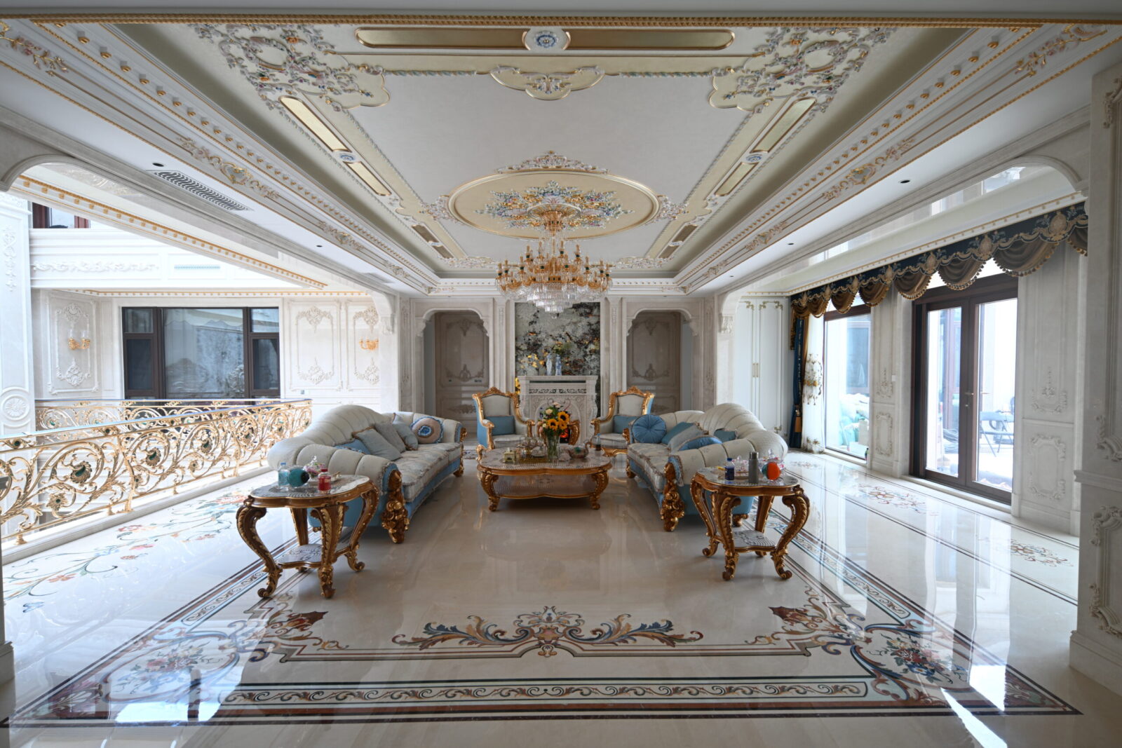 Beijing luxury interior featuring custom marble inlay flooring, a beautiful stone inlay design, and architectural details.