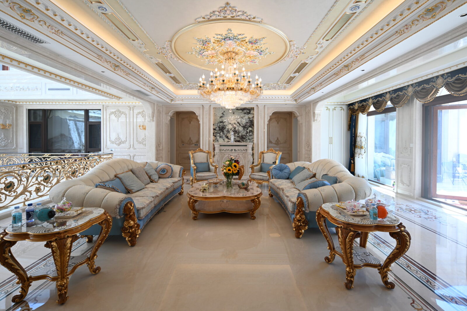 Beijing luxury interior with custom marble inlay flooring. Exquisite stone inlay design and marble floor medallion.