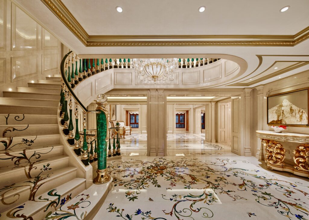 Luxury marble inlay staircase and floor medallion. Custom marble inlay with floral stone inlay design. Pietre dure art.
