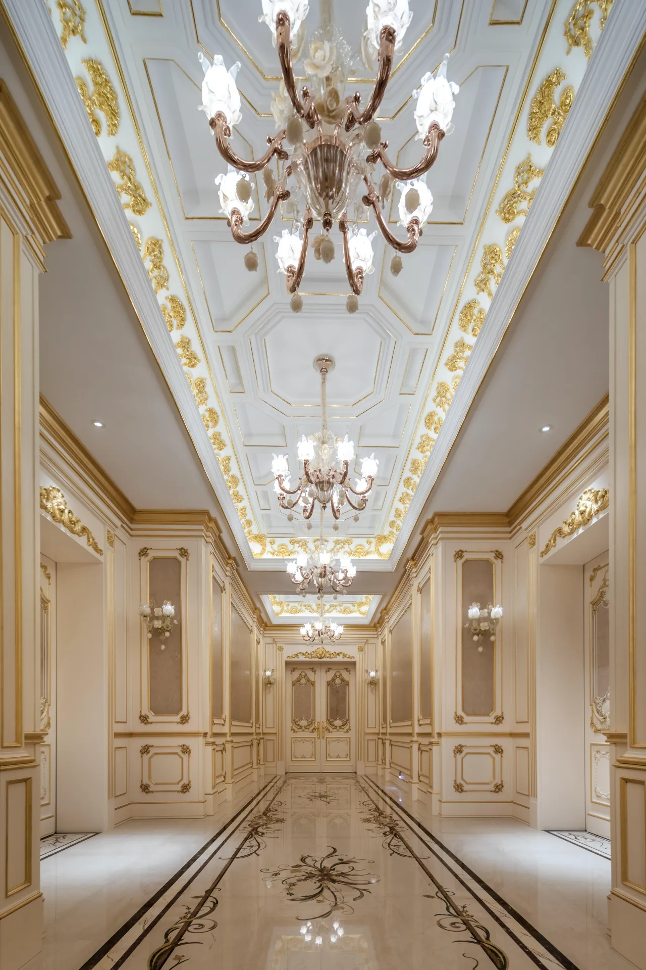 High contrast black and white custom marble floor medallion