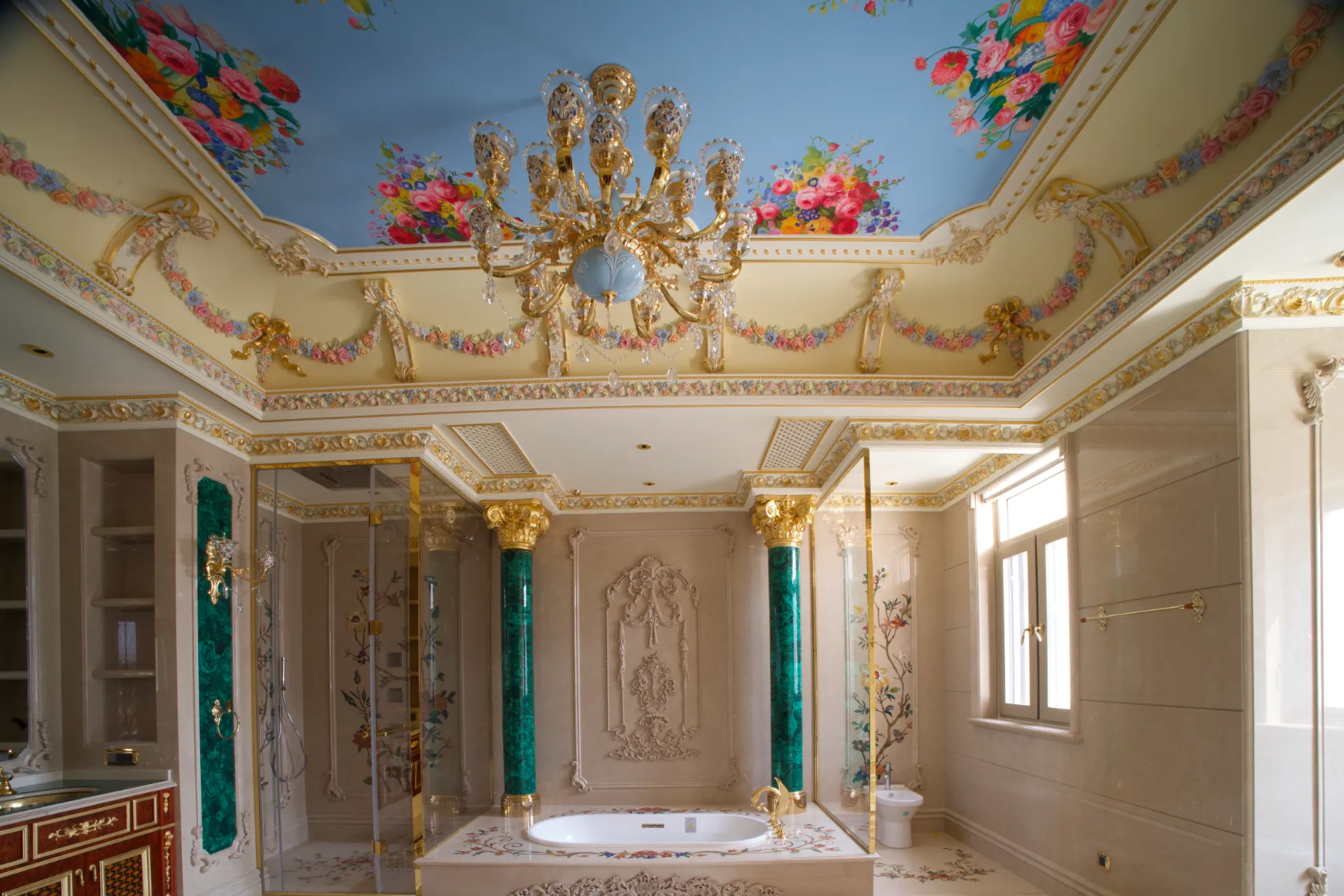 Yunnan luxury interiors showcase custom marble inlay flooring and a marble floor medallion. Pietre dure artistry evident.