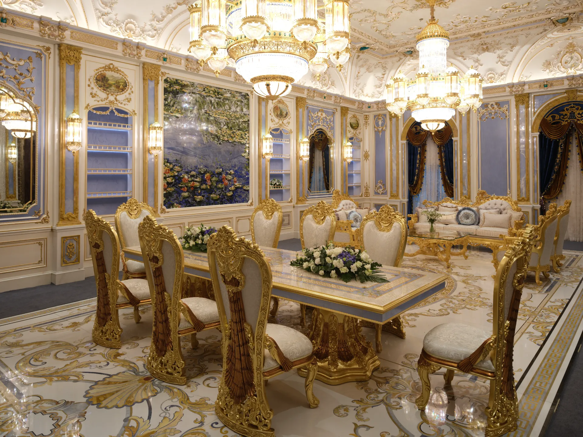 Luxury marble inlay flooring design in Guangzhou. Custom marble floor medallion with intricate pietre dure inlay.