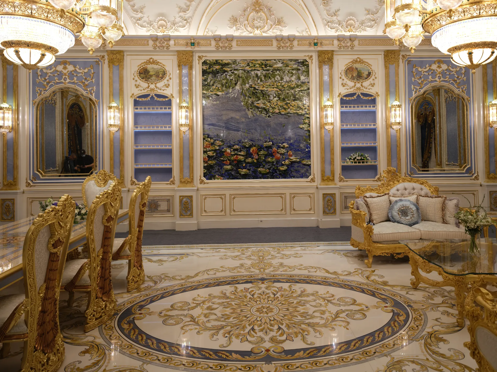 Custom marble floor medallion with pietre dure inlay in luxury interior — large format marble inlay installation