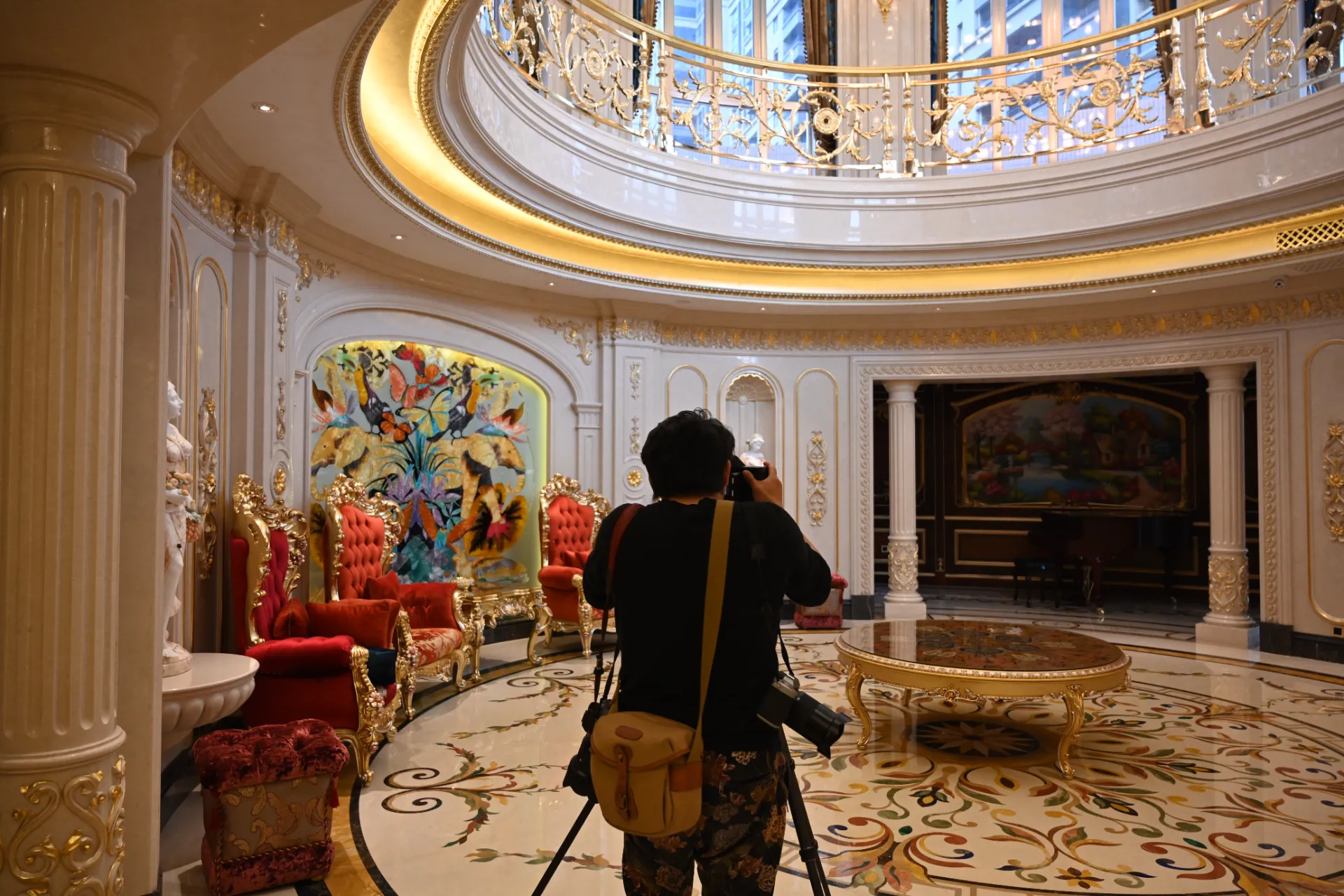 Luxury marble inlay showcases intricate stone craftsmanship with custom marble floor medallion design