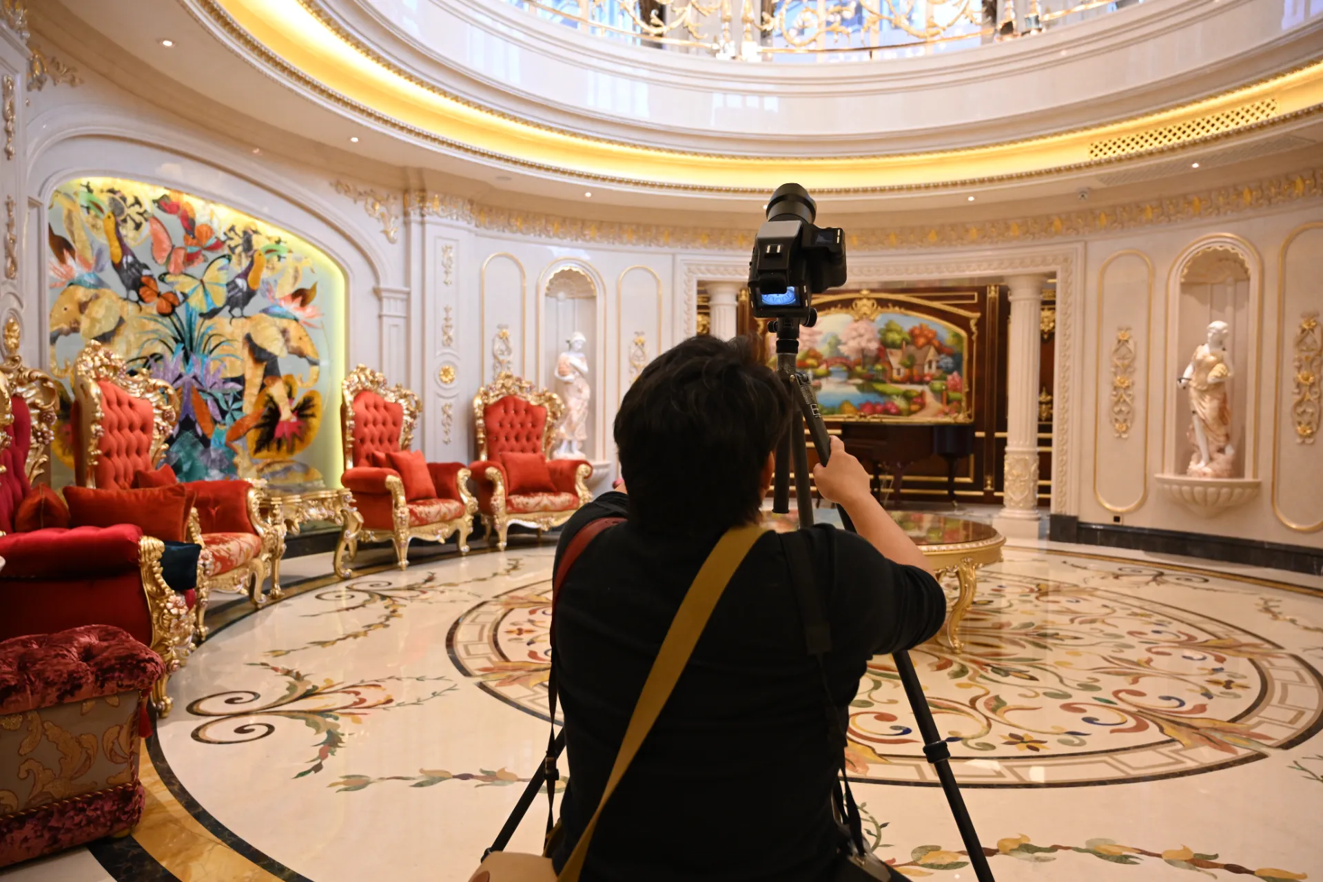 Luxury marble flooring with custom marble inlay patterns and marble floor medallion