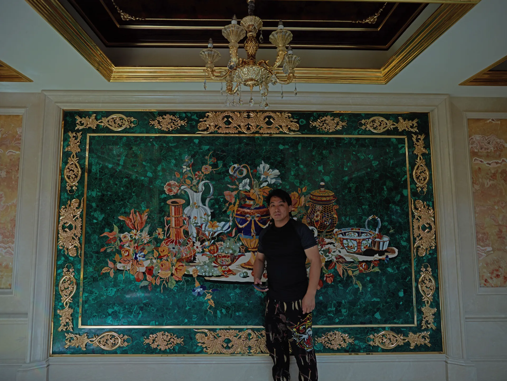 Pietre Dure Floral Wall Panel with Gold Frame
