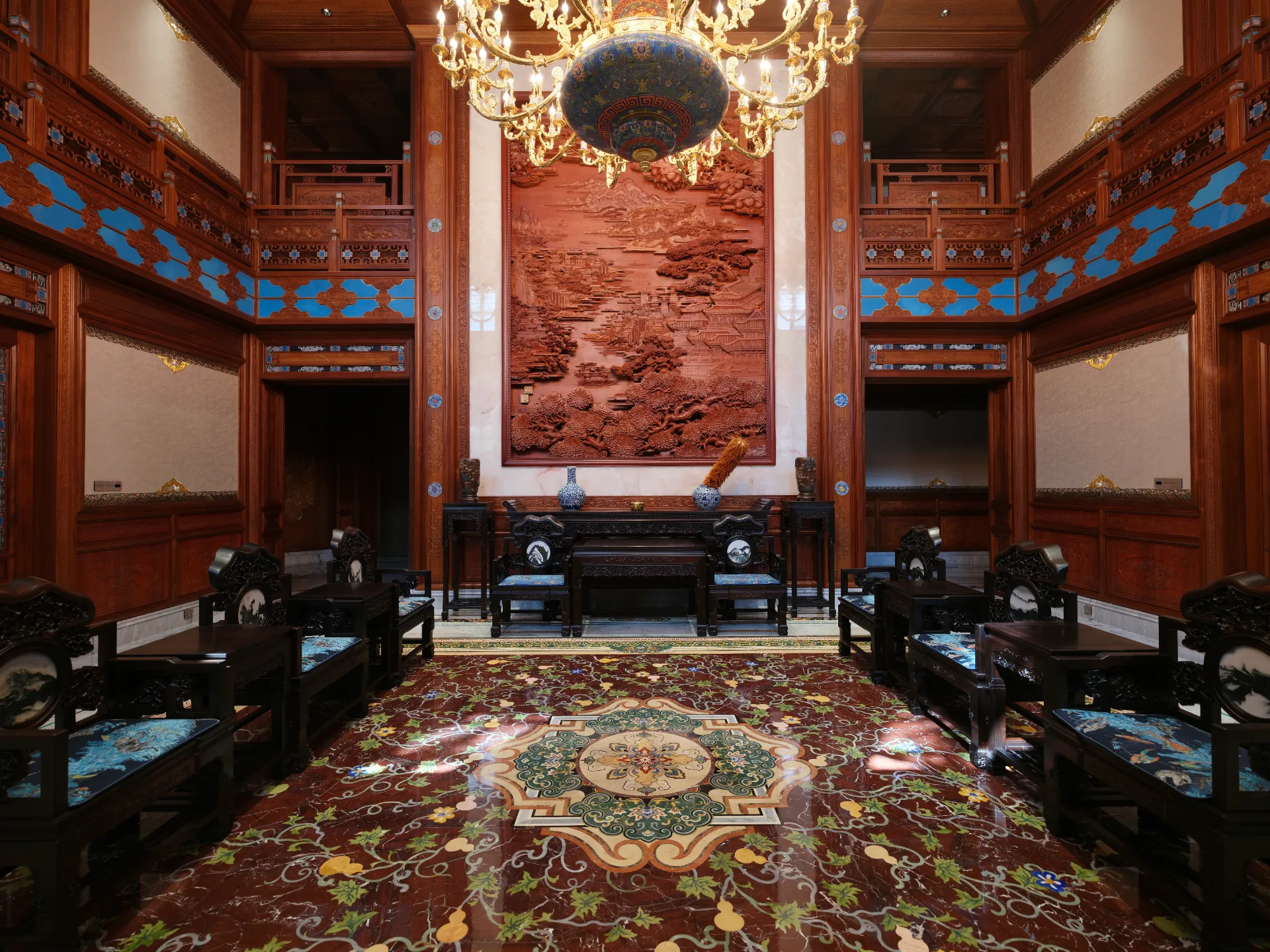 Marble Inlay Floor Medallion in Wood-Paneled Room