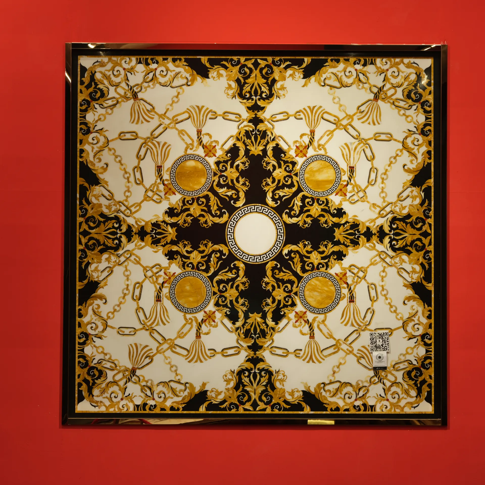 Baroque-Style Marble Inlay Panel with Gold Scrollwork