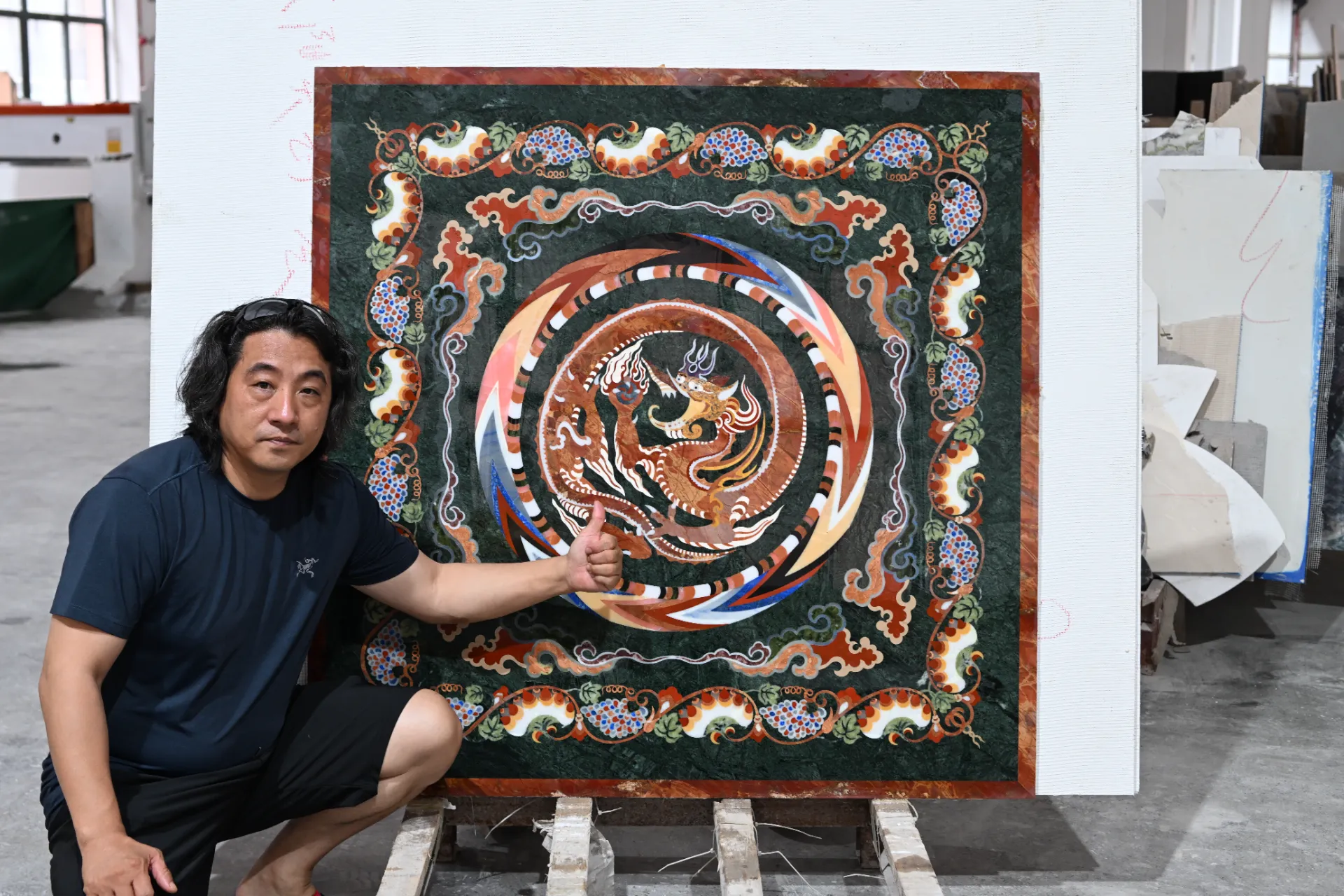 Marble Inlay Dragon Medallion Panel