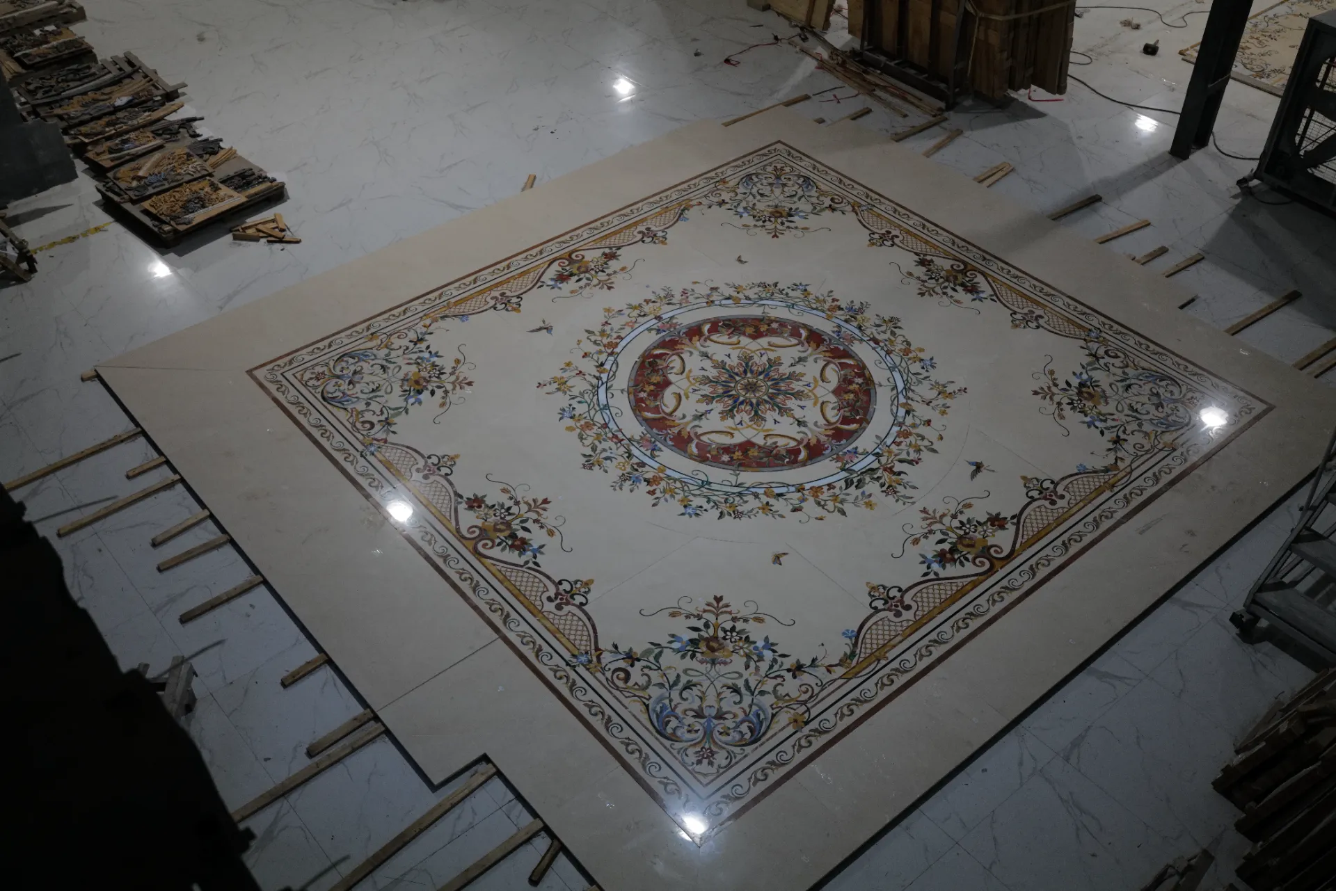 Square Marble Inlay Floor Medallion with Floral Border