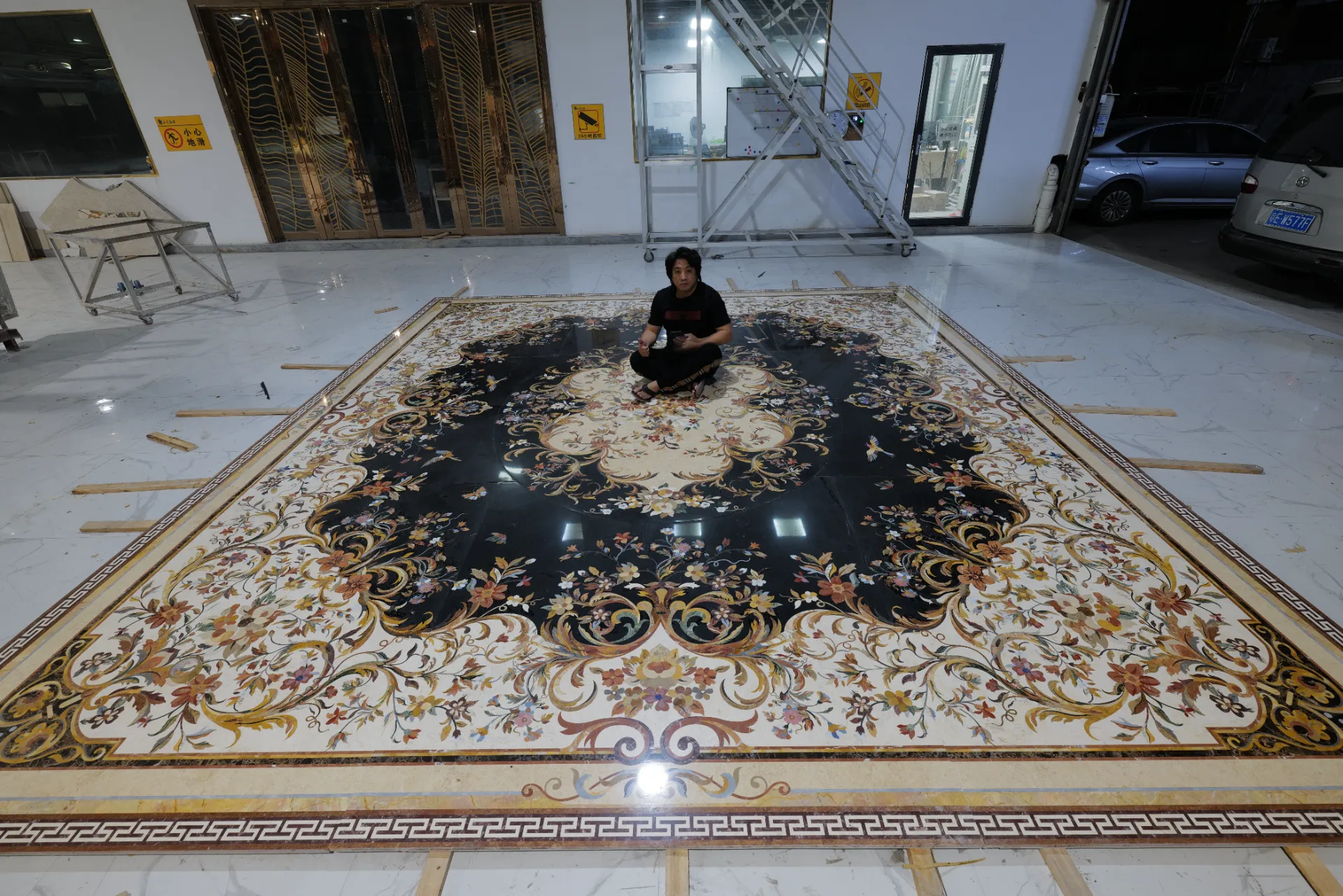 Large Floral Marble Inlay Panel with Central Medallion