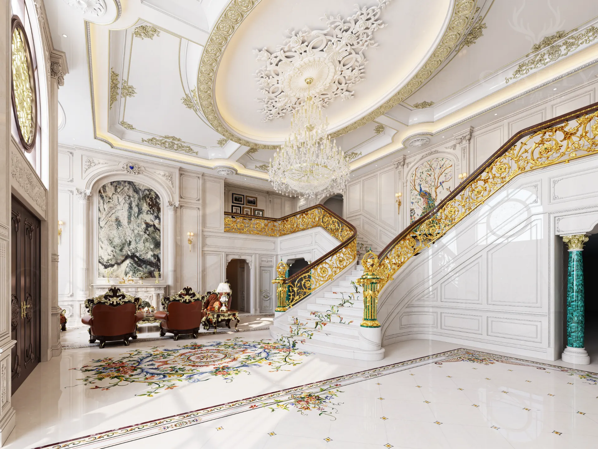 Luxury Marble Inlay Floor in Grand Foyer