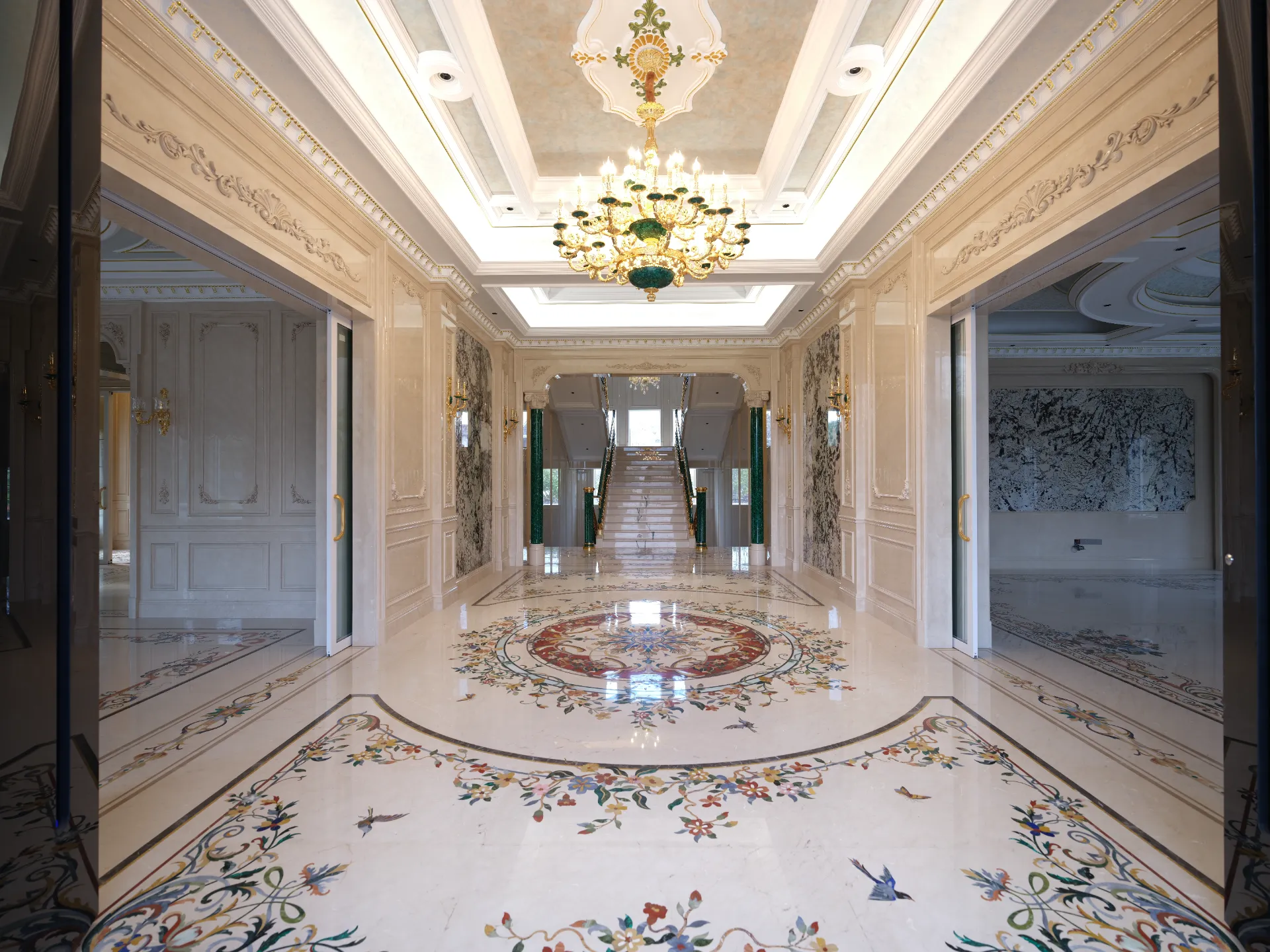 Marble Floor Medallion and Floral Inlay in Luxury Hall
