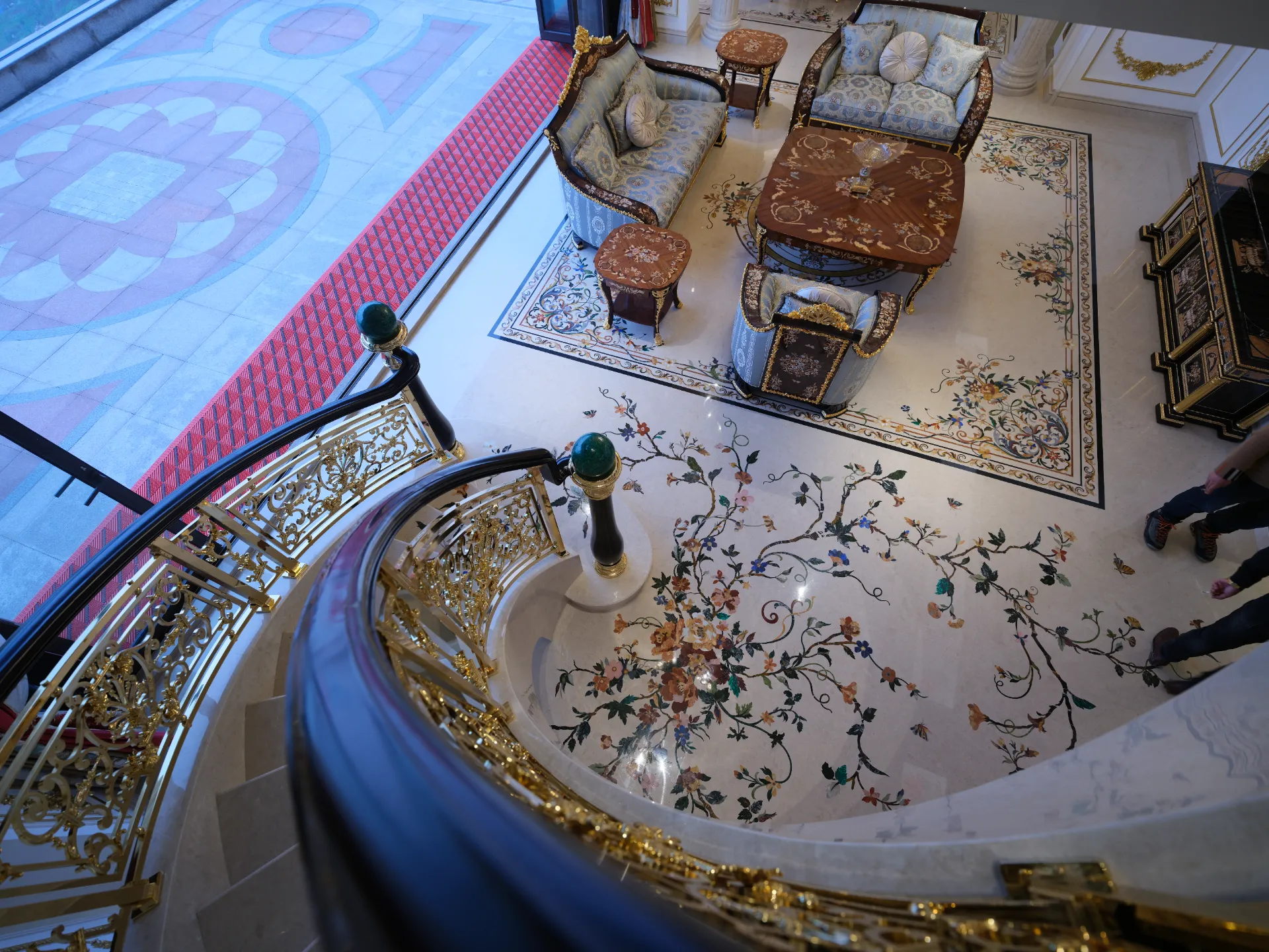 Marble Inlay Staircase with Floral Pietre Dure Floor