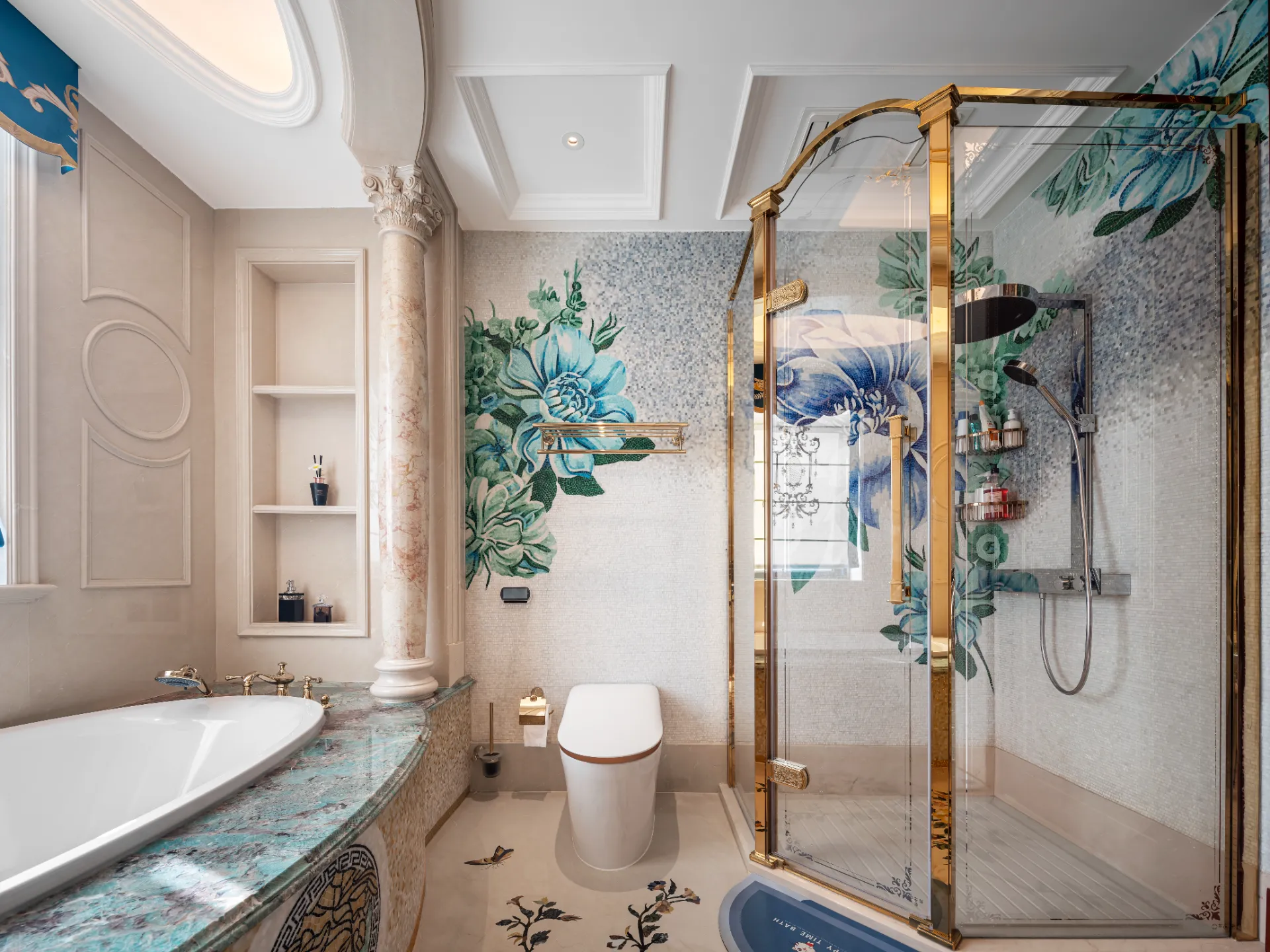Luxury Bathroom with Floral Marble Inlay Panels