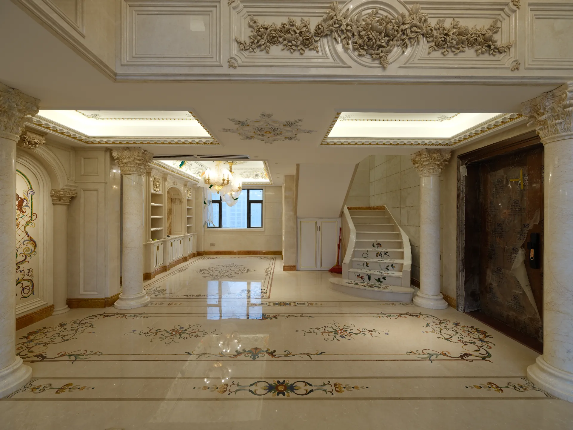 Luxury Marble Floor with Floral Inlay Medallion