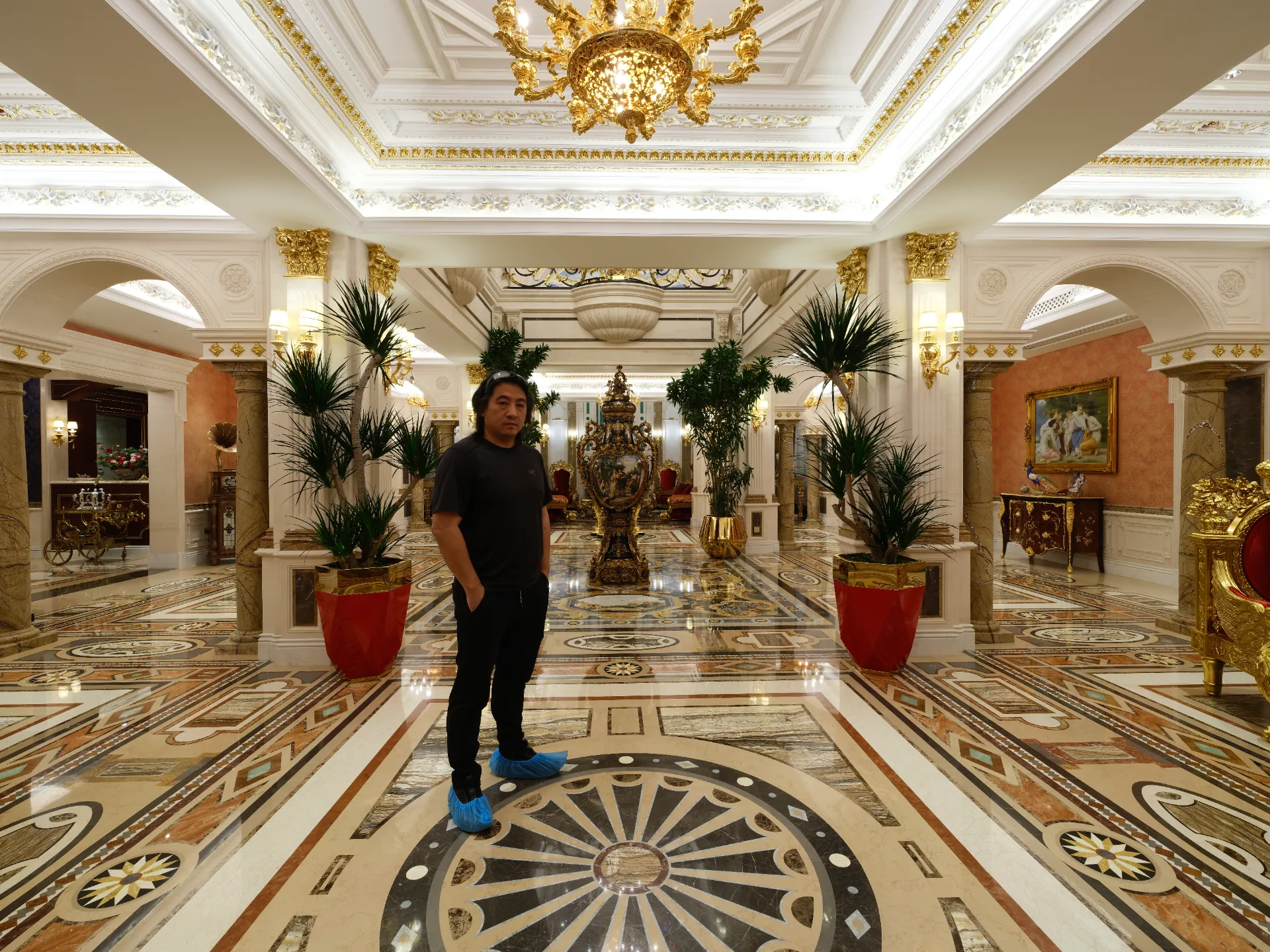 Geometric Marble Inlay Floor in Luxury Hall