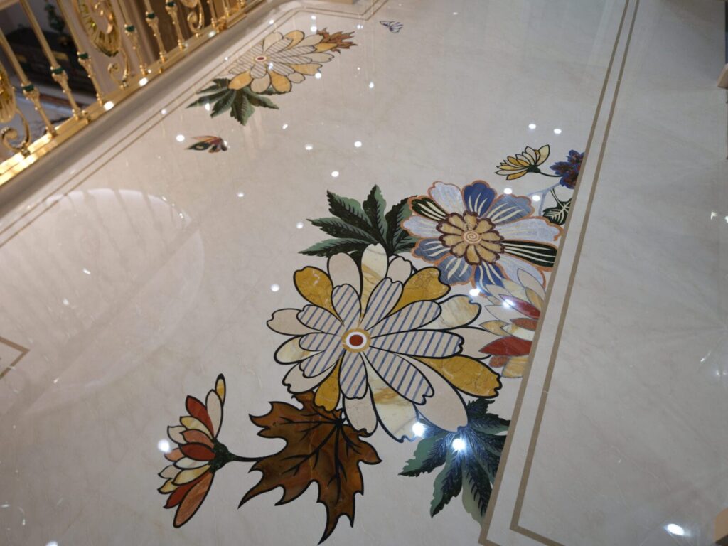 The completed living hall — the medallion reads as one piece from the gallery above.