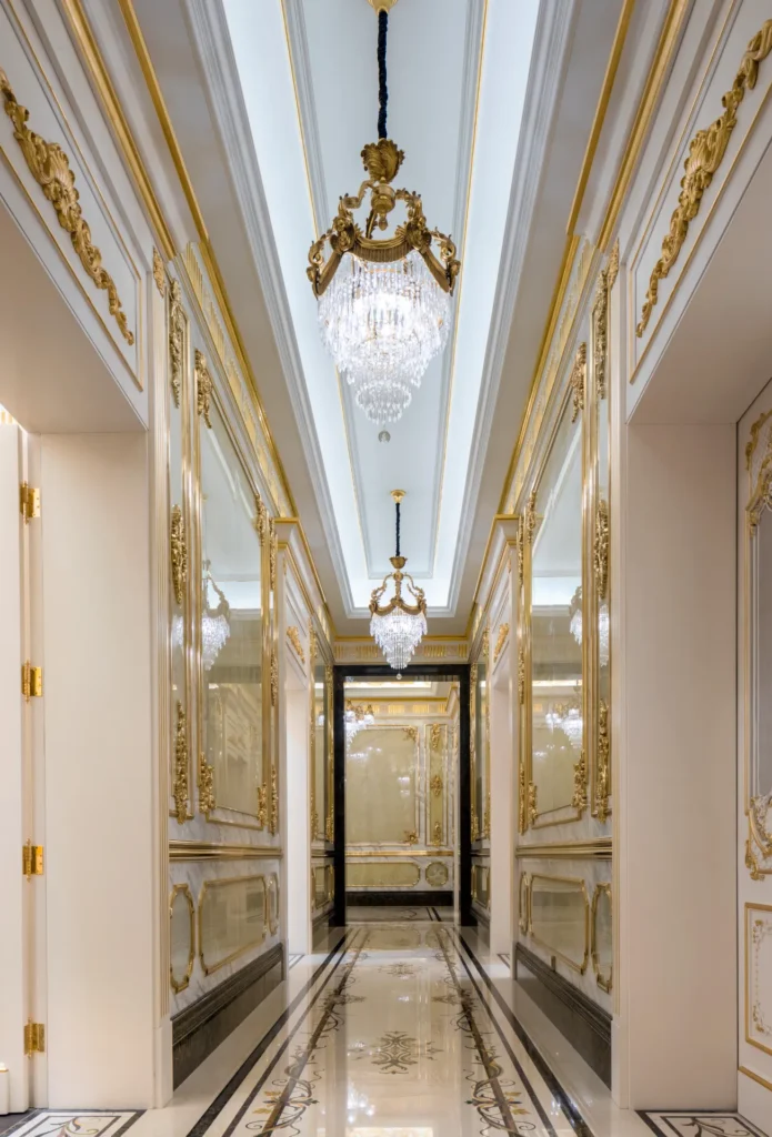 Dark corridor composition with brass line work, lapped to a single plane.