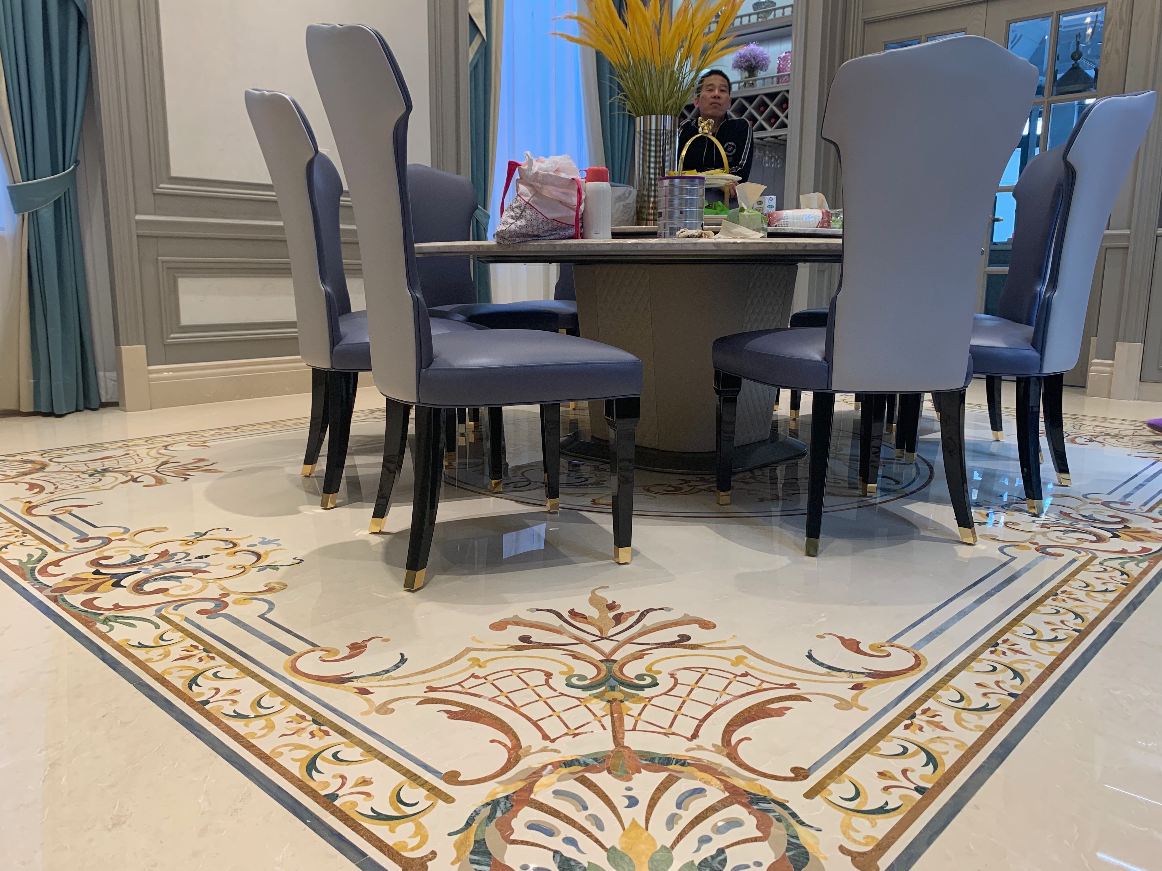 Marble Inlay Floor Border in a Classical Luxury Dining Room