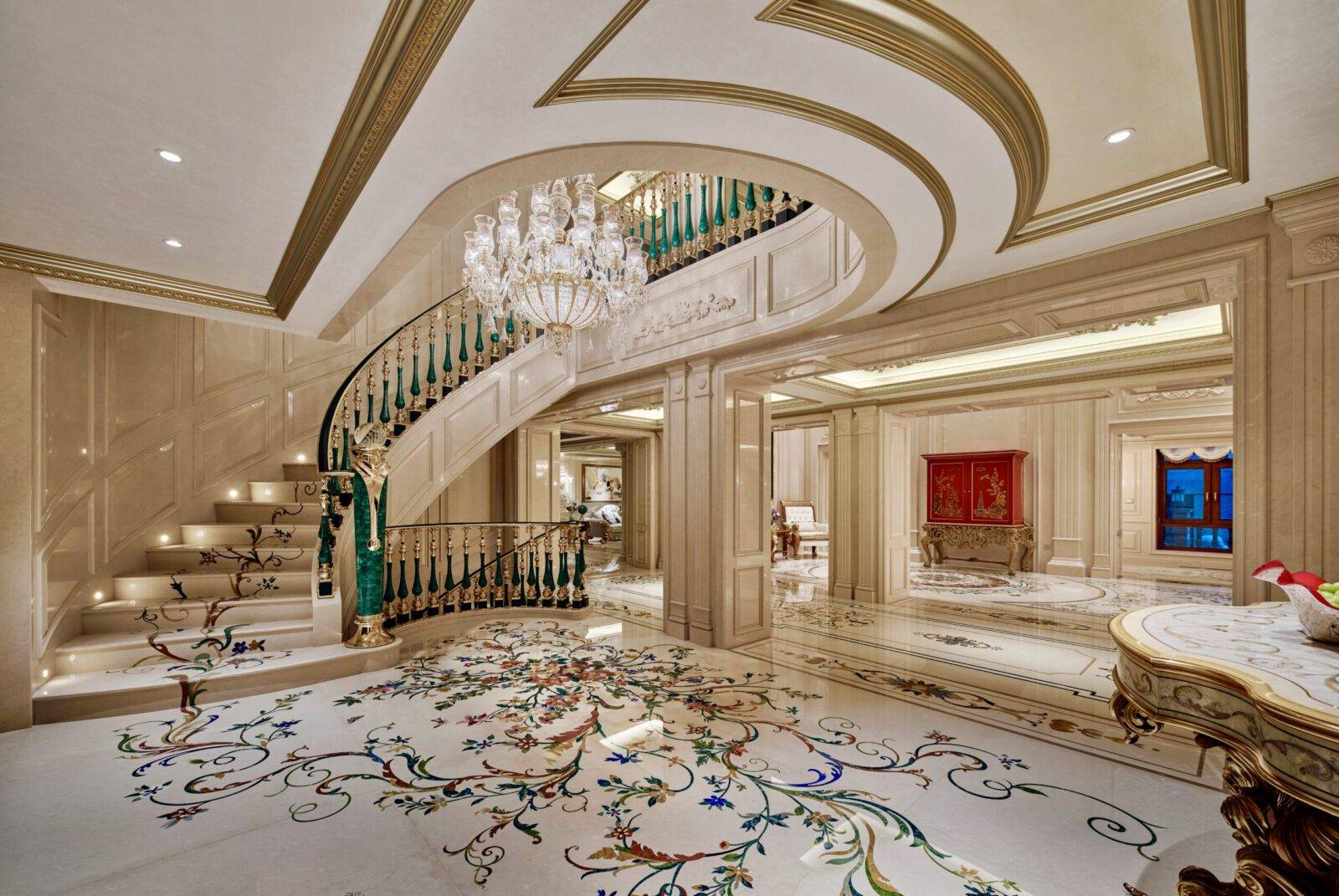 Jiangsu luxury marble flooring with custom marble inlay. Ornate stone inlay design and marble floor medallion.