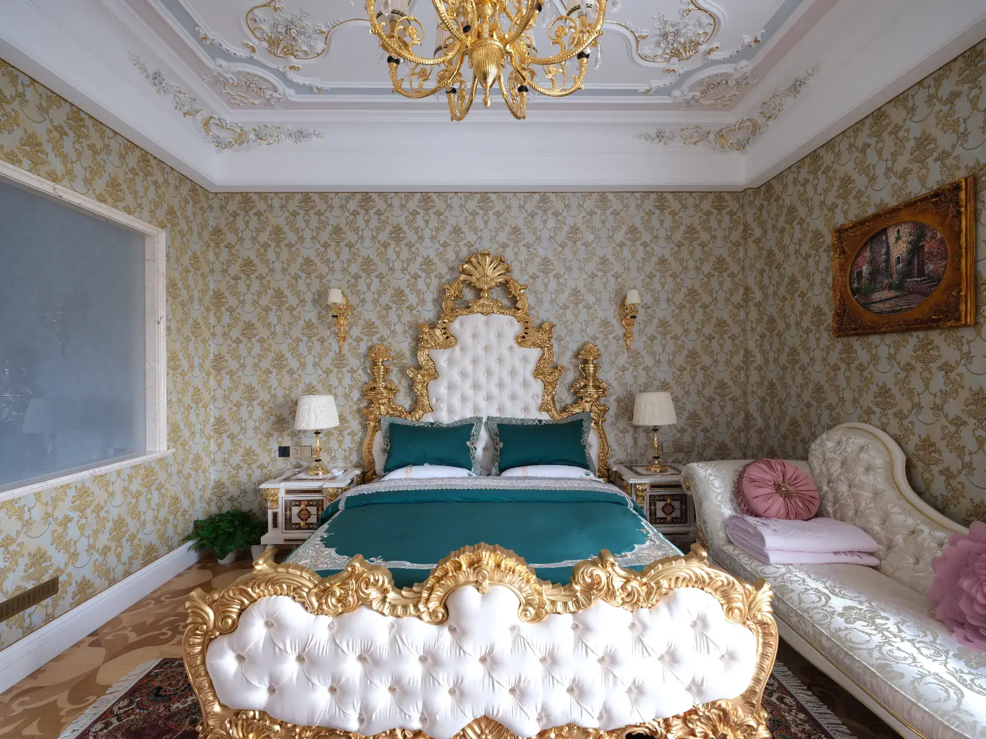 Mongolia: Luxury bedroom with ornate gold details, patterned wallpaper, chandelier, and inlaid wood flooring.