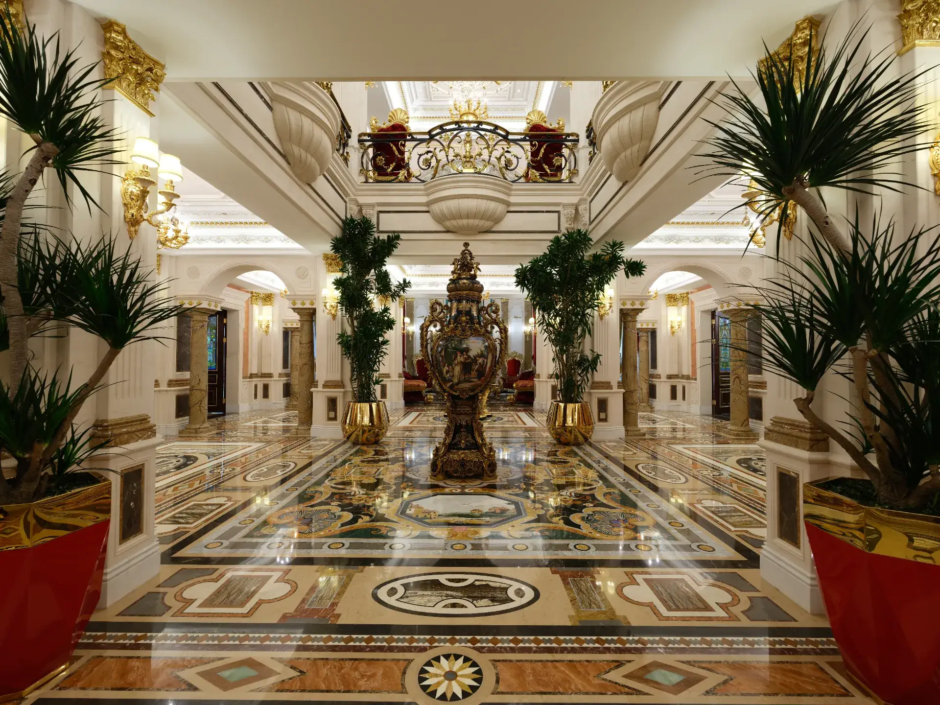 Luxury marble flooring in Mongolia. Intricate marble inlay designs and floor medallion. Pietre dure stone craftsmanship.