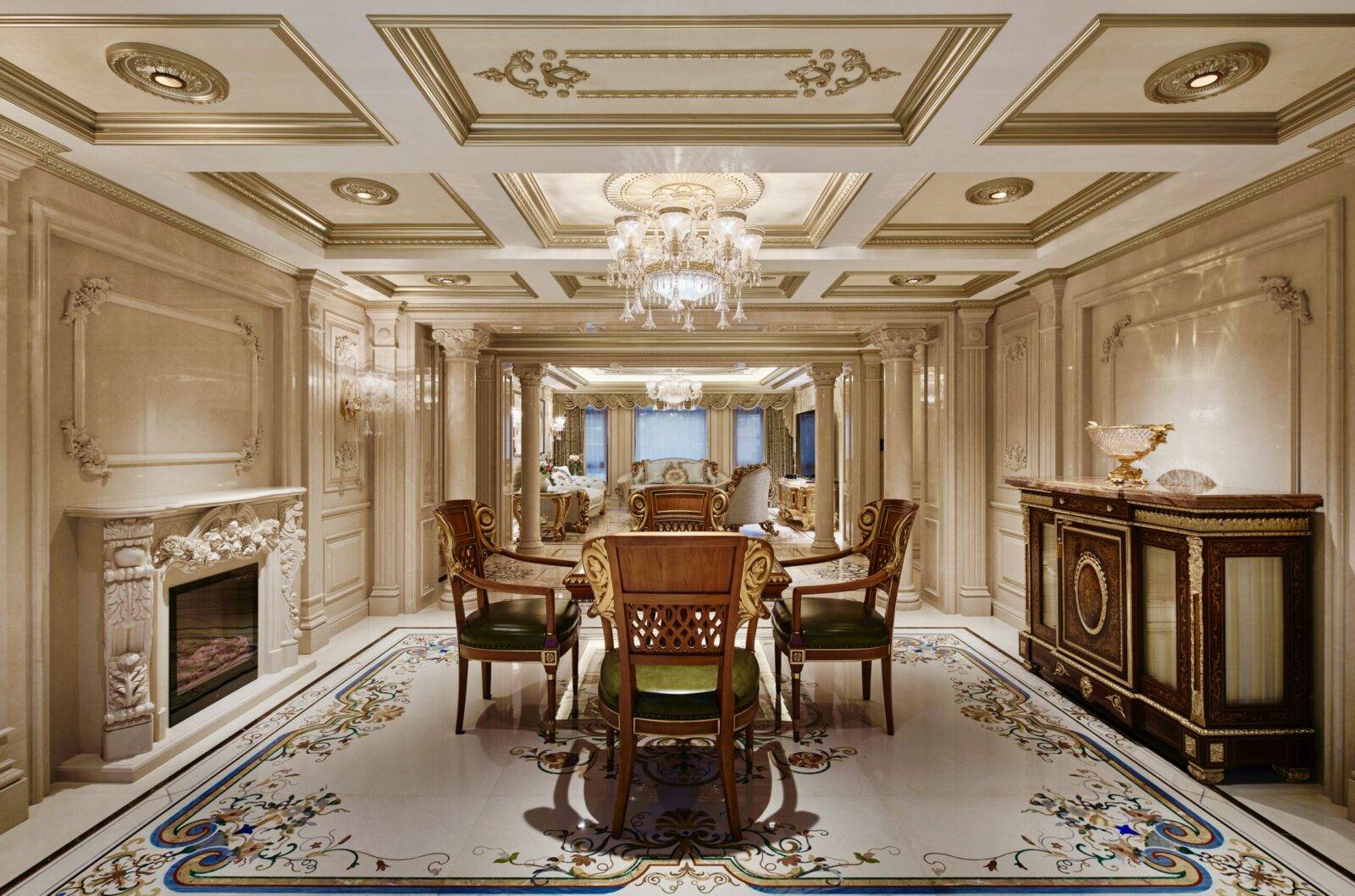 Jiangsu luxury interior with marble inlay flooring. Elegant stone craftsmanship and decorative floor medallion.