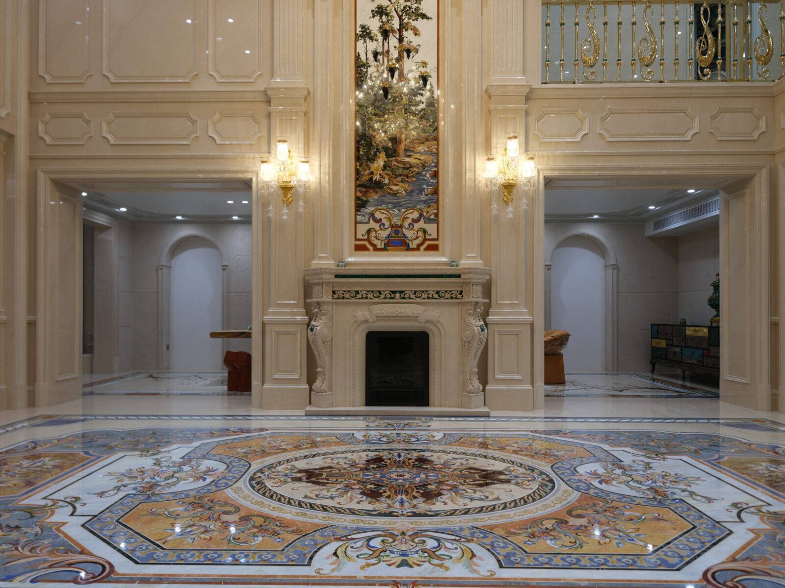 Luxury Shanghai interior featuring custom marble inlay flooring. Elaborate stone inlay design with marble floor medallion.