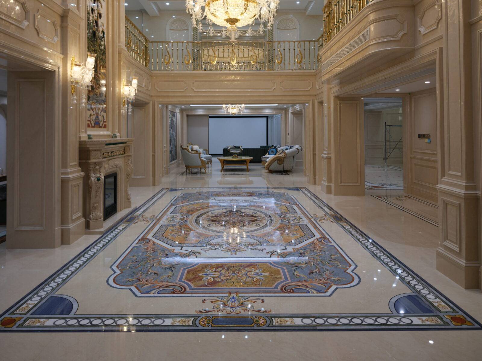 Shanghai luxury marble flooring with intricate marble inlay. Custom stone inlay design, marble floor medallion, and high-end craftsmanship visible.