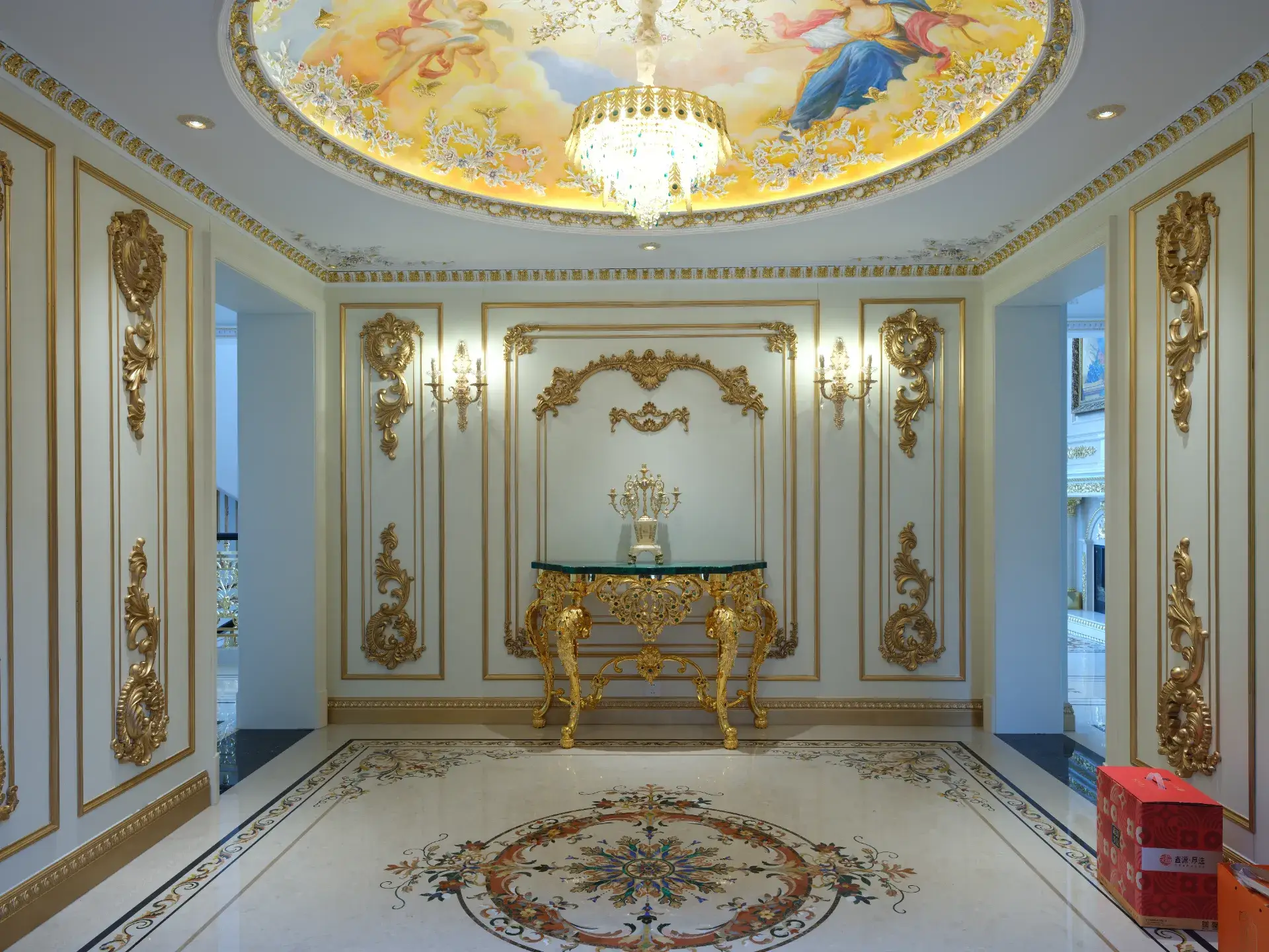 Luxury marble inlay floor in Chongqing, featuring custom marble inlay, marble floor medallion and intricate stone craftsmanship.