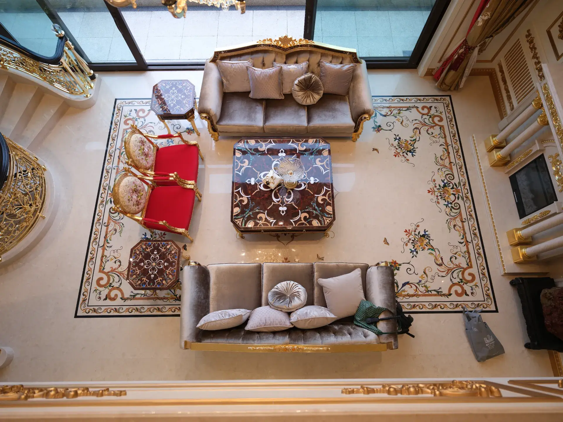 Chongqing luxury interior featuring custom marble inlay flooring and intricate stone craftsmanship, adding elegance to the design.