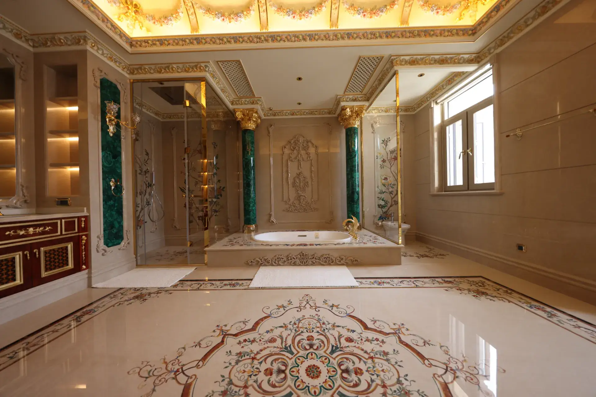Luxury marble flooring with intricate marble inlay design. Custom marble floor medallion in Yunnan.