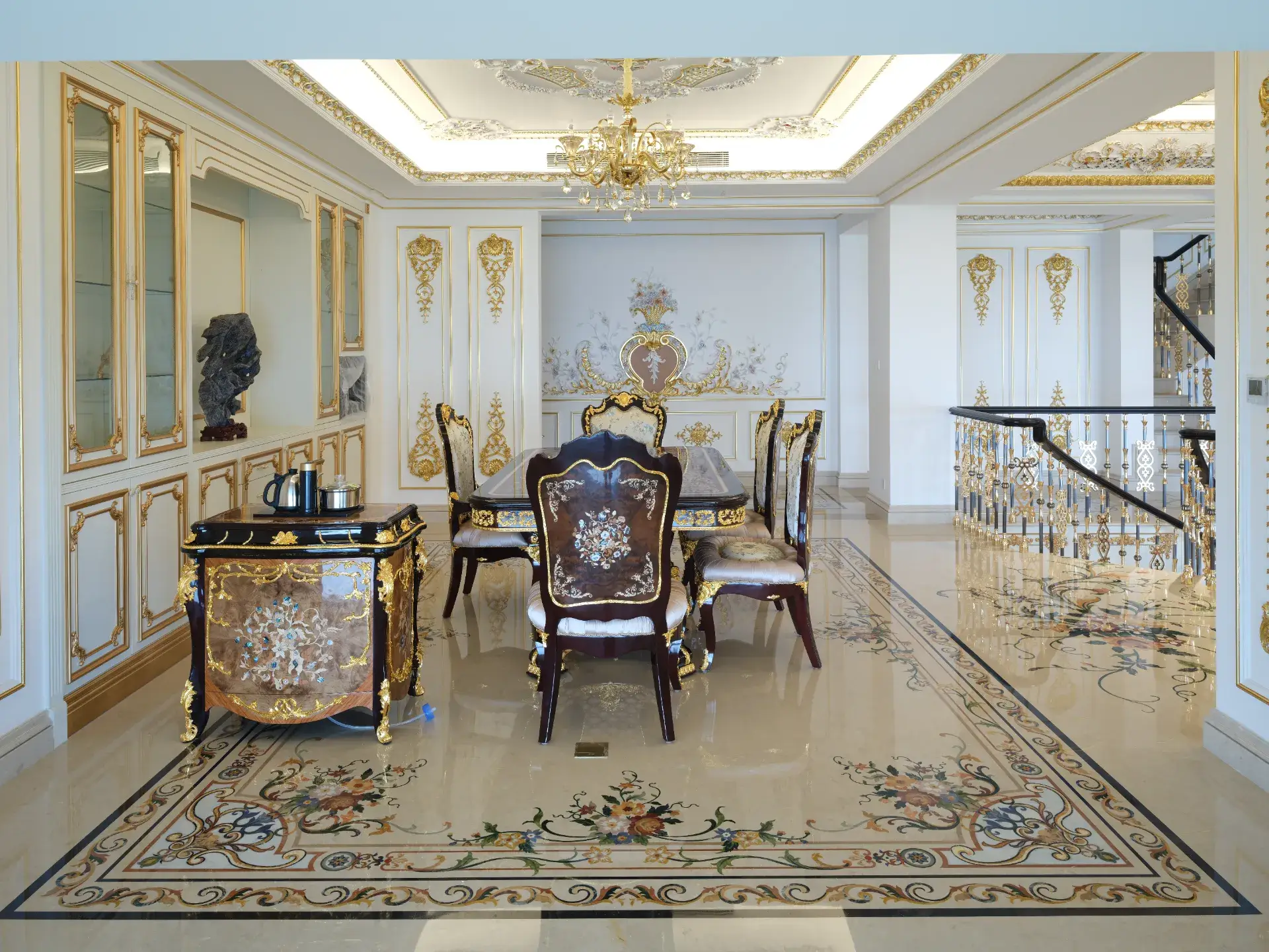 Chongqing luxury marble flooring with marble inlay design. Custom stone inlay and floor medallion detail.