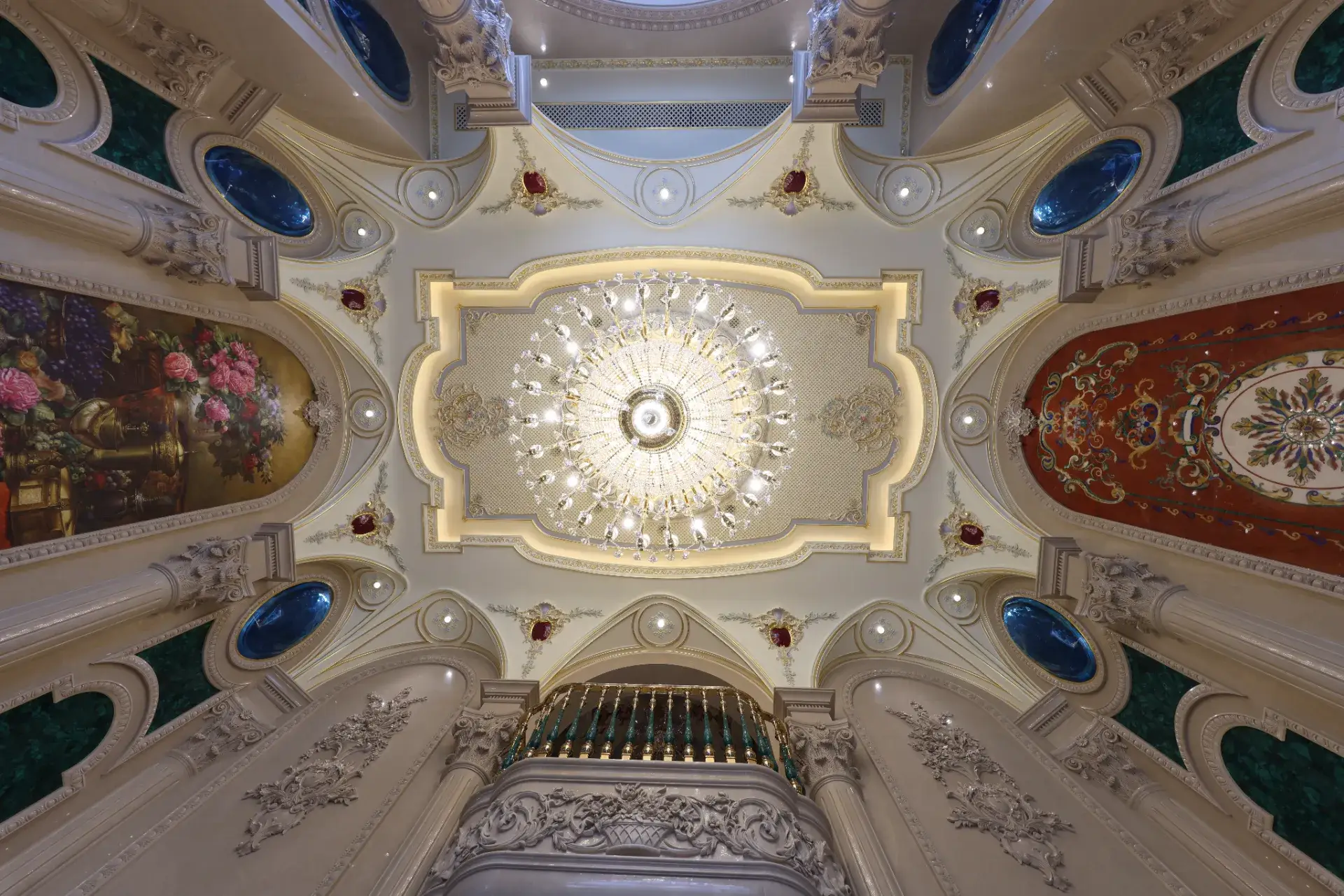 Luxury Yunnan interior featuring custom marble inlay and a striking marble floor medallion. Pietre dure artistry.
