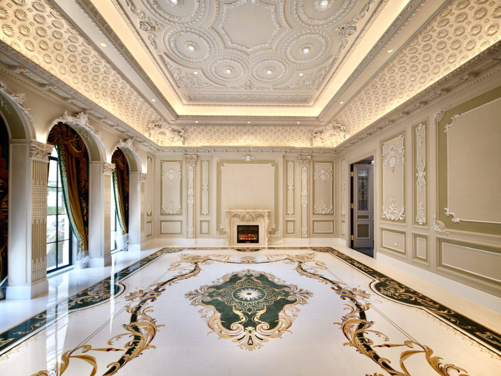 Luxury marble flooring with intricate marble inlay design in Shanghai. Custom marble inlay medallion. Pietre dure craftsmanship.