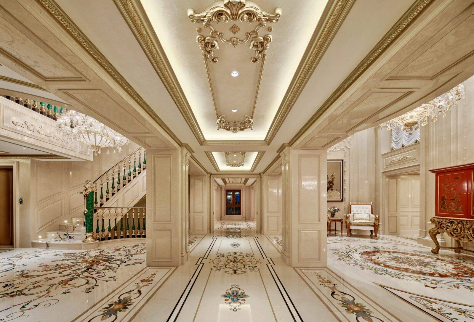 Luxury marble flooring with intricate marble inlay design. Custom stone inlay and marble floor medallion detail.