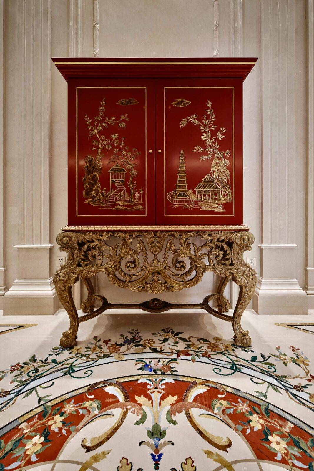 Jiangsu luxury interior featuring custom marble inlay flooring, floral stone inlay design, and bespoke cabinet.