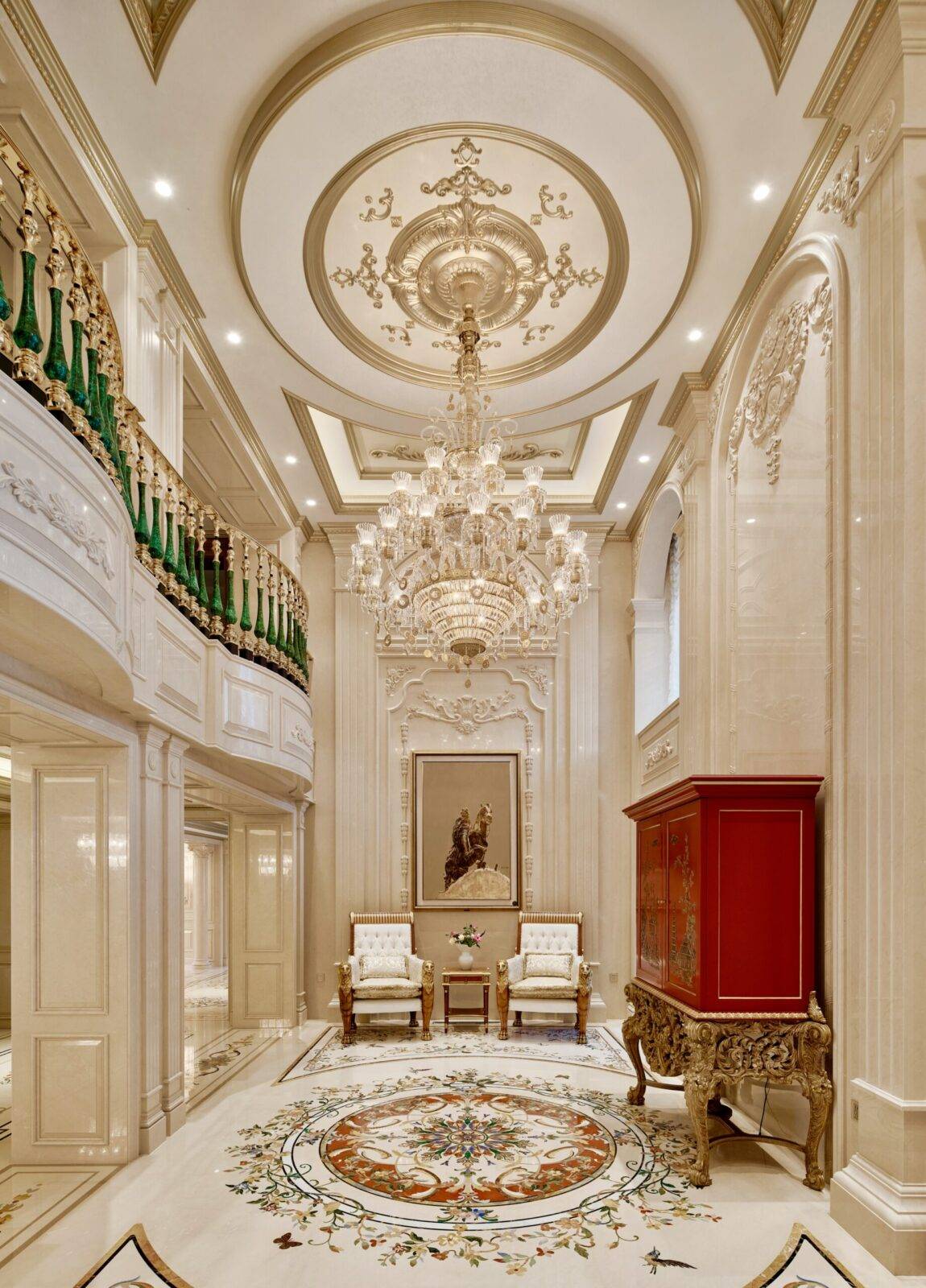 Jiangsu luxury interior showcases a custom marble inlay floor medallion. The stone inlay design features intricate floral patterns.