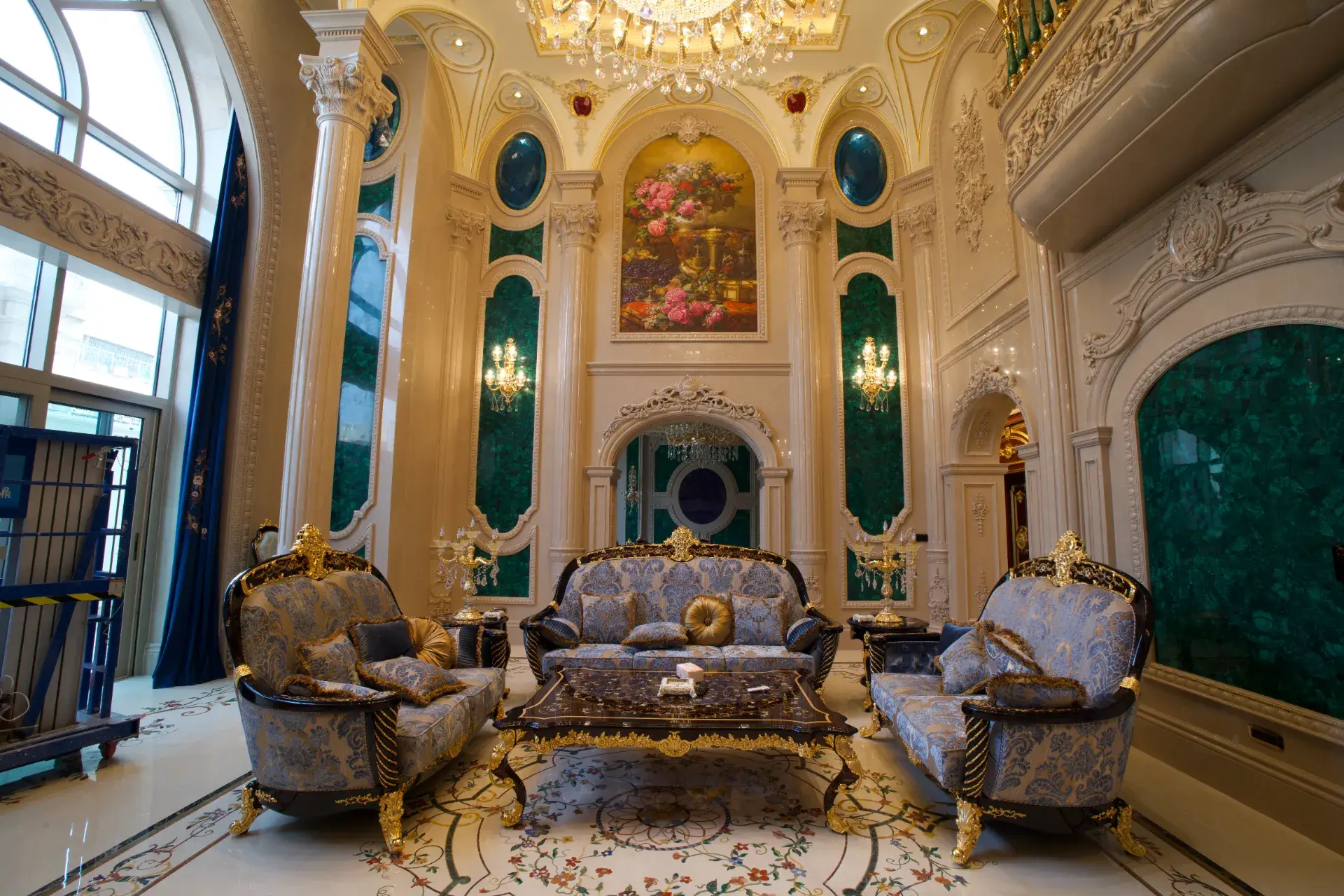Yunnan luxury marble flooring with custom marble inlay. Floral marble floor medallion with pietre dure stone inlay design.