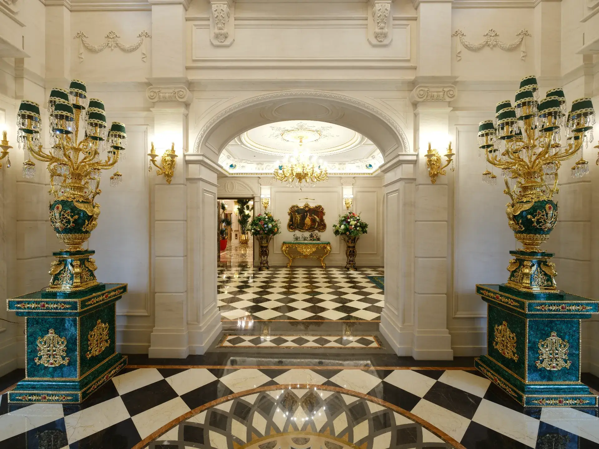 Luxury marble flooring in Mongolia, featuring a custom marble inlay, showcasing intricate stone craftsmanship and design.