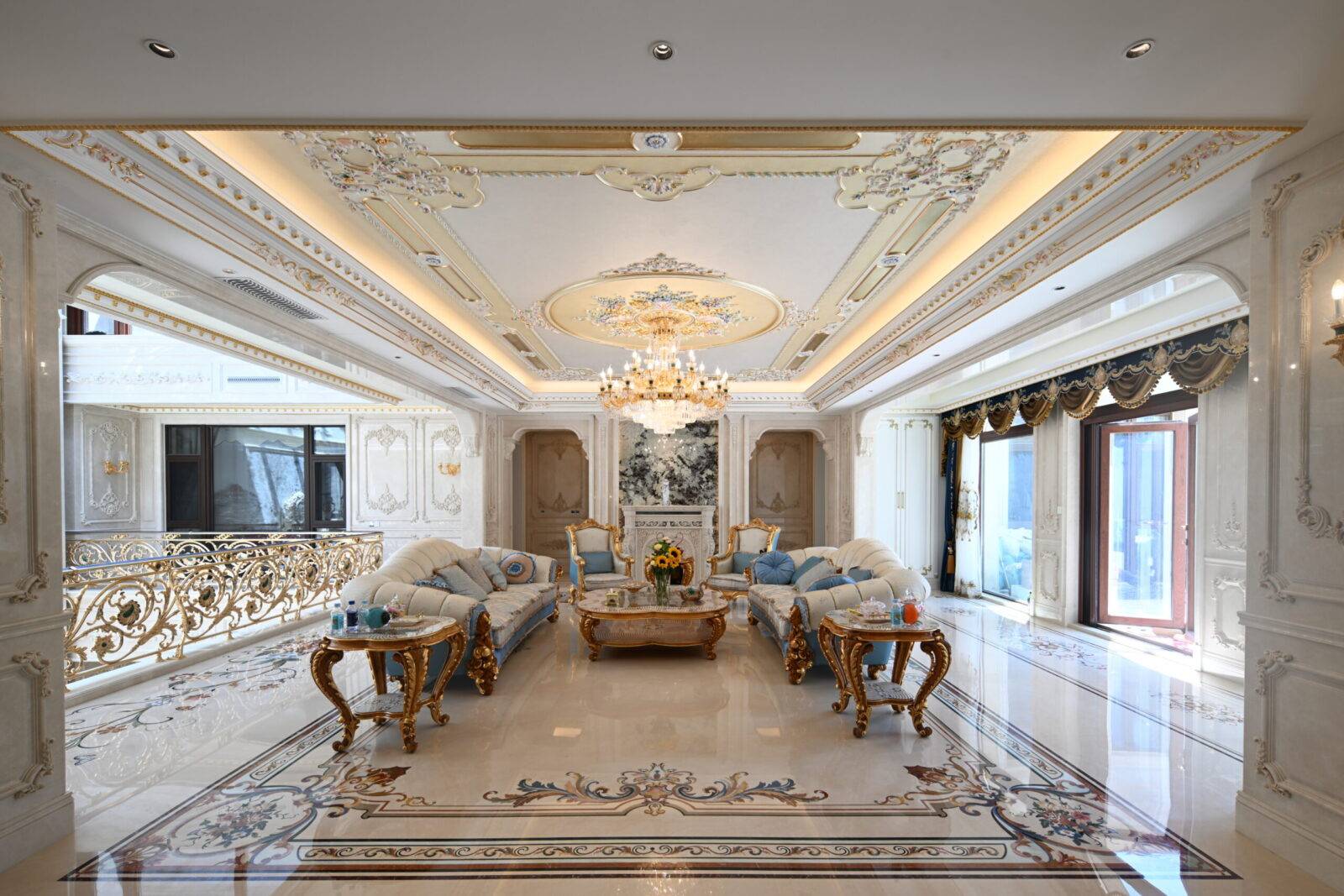 Luxury marble flooring with intricate marble inlay design. Custom marble inlay and stone craftsmanship in Beijing.