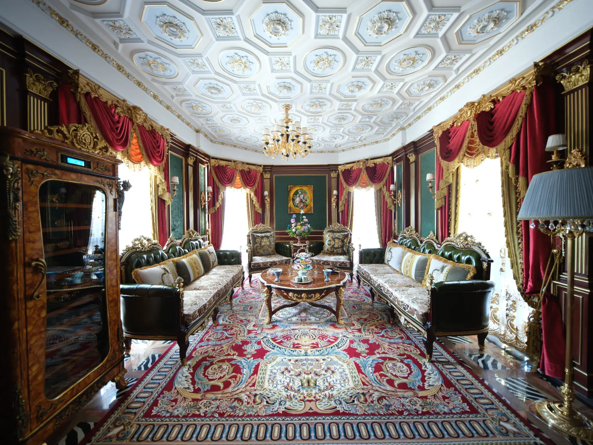 Luxury marble flooring with a custom marble inlay design. Intricate stone craftsmanship and luxury interior in Mongolia.