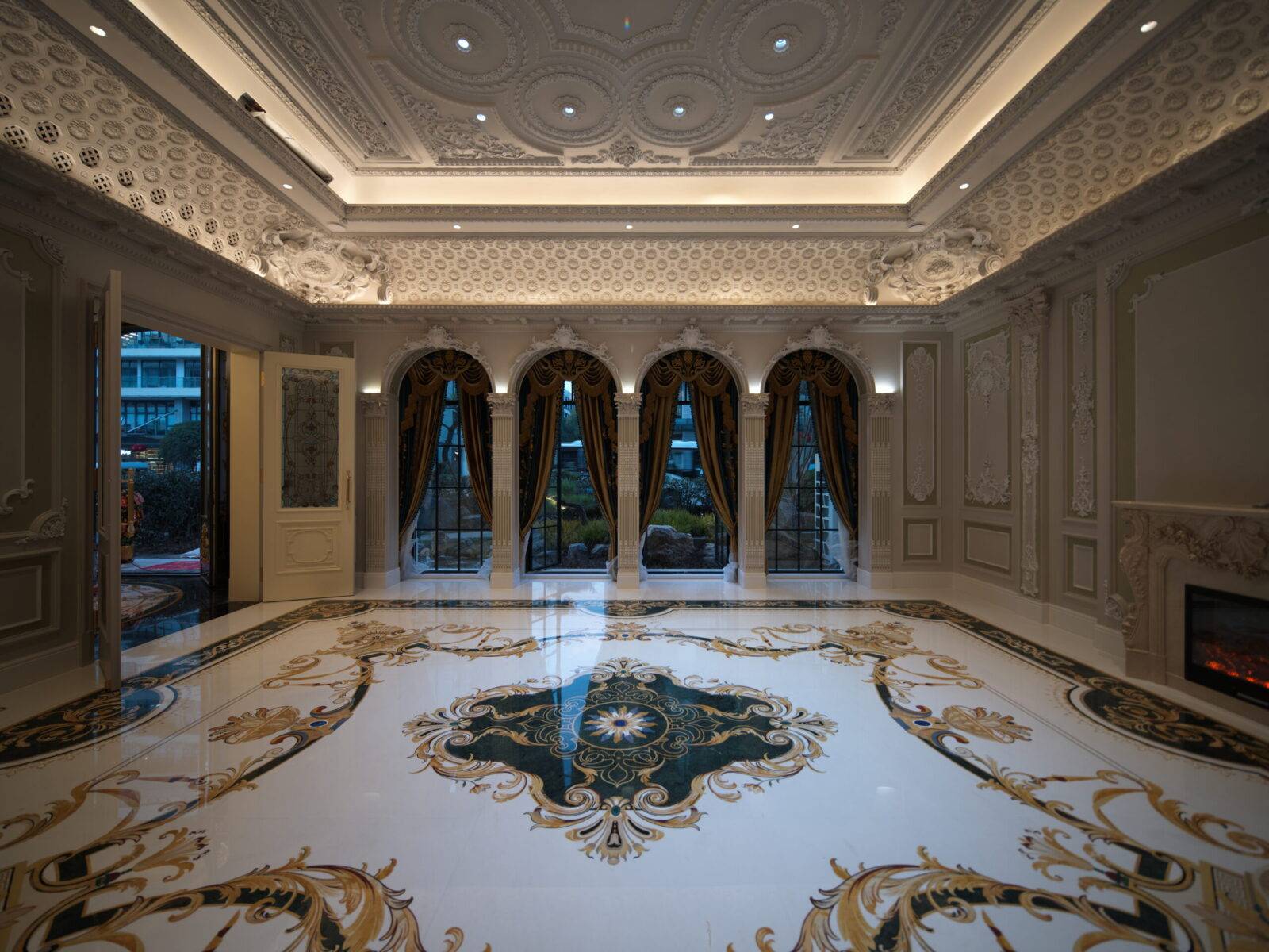 Shanghai luxury interiors featuring custom marble inlay flooring and a striking marble floor medallion design.