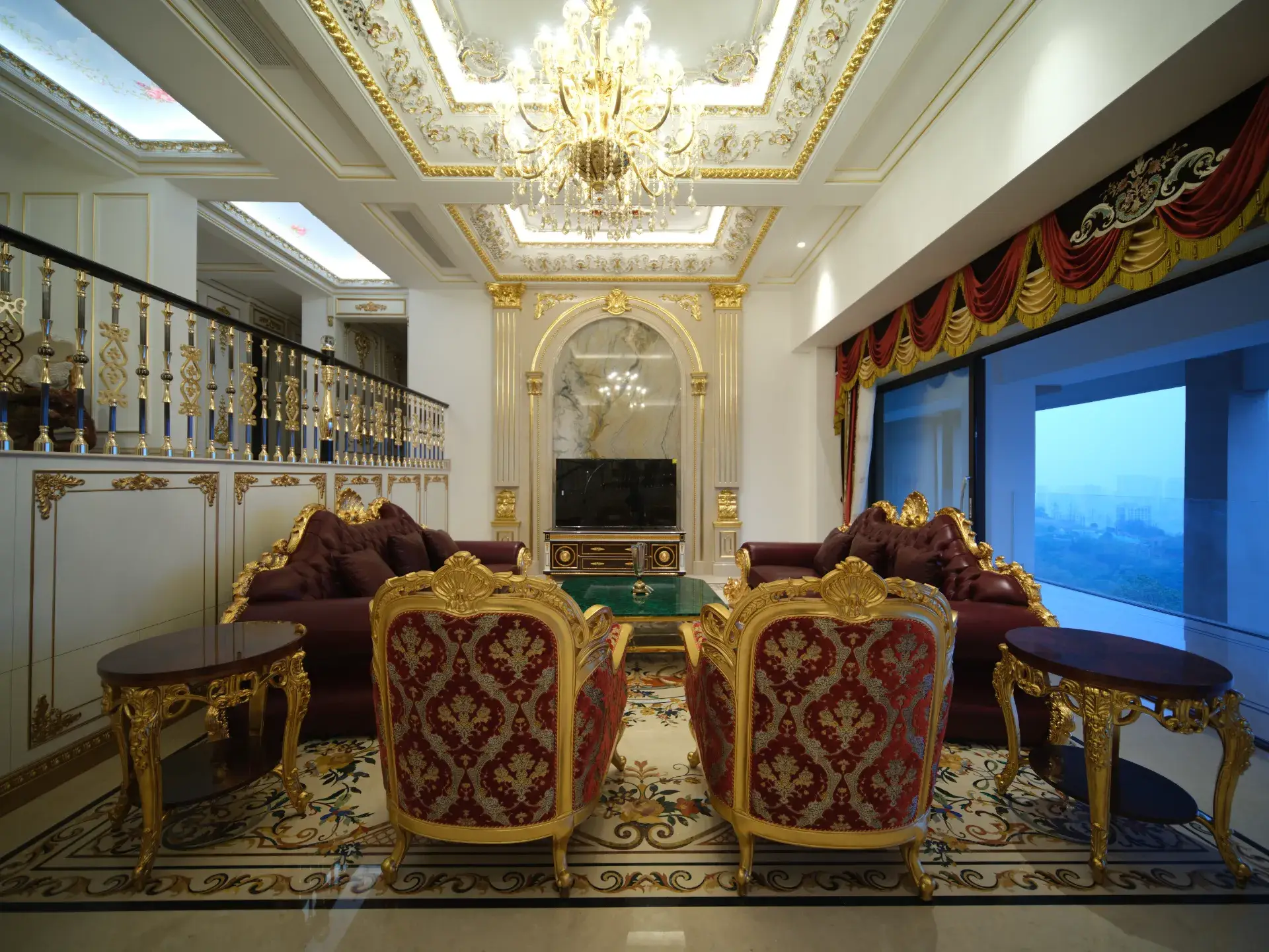 Luxury marble flooring with intricate marble inlay design in Chongqing. Custom stone inlay creating an elegant interior. Pietre dure.